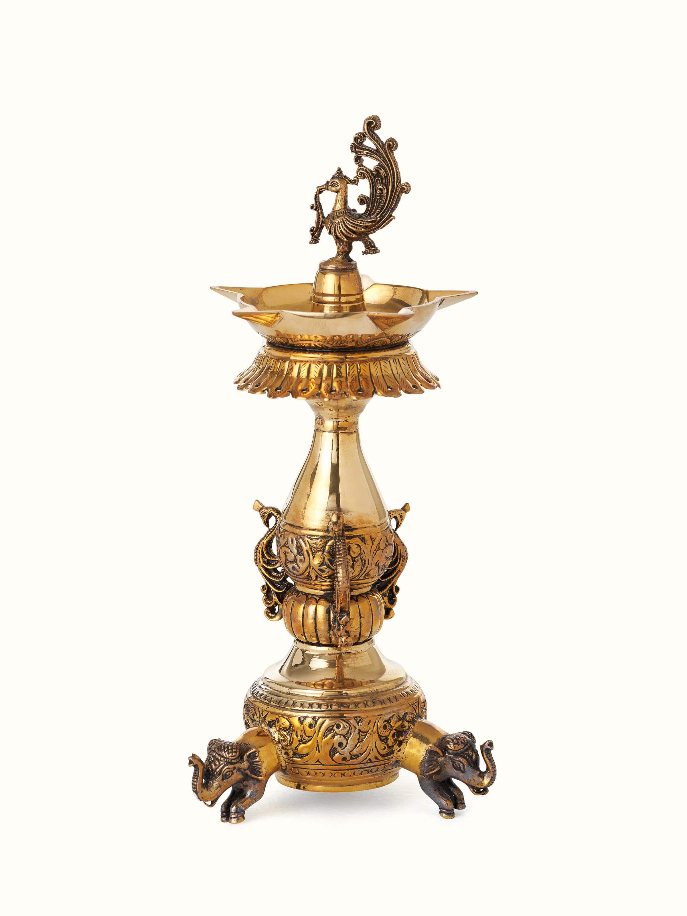 Front view of Polished Brass Kalash Vilakku, highlighting the intricate design and polished brass finish.