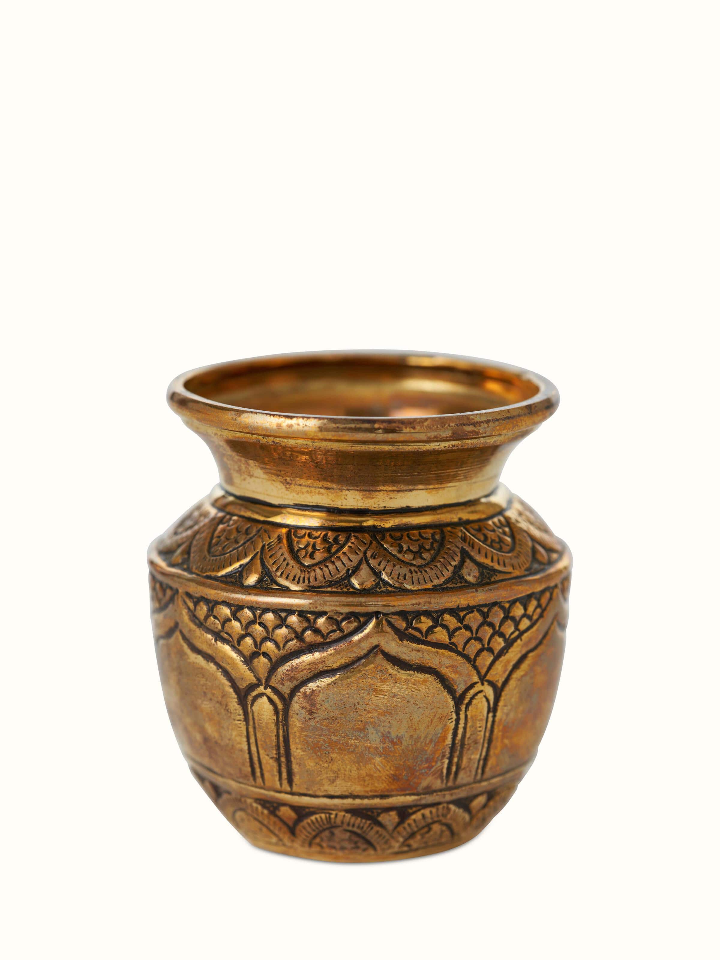 Front view of Polished brass barri kalash showcasing its traditional design and polished brass finish