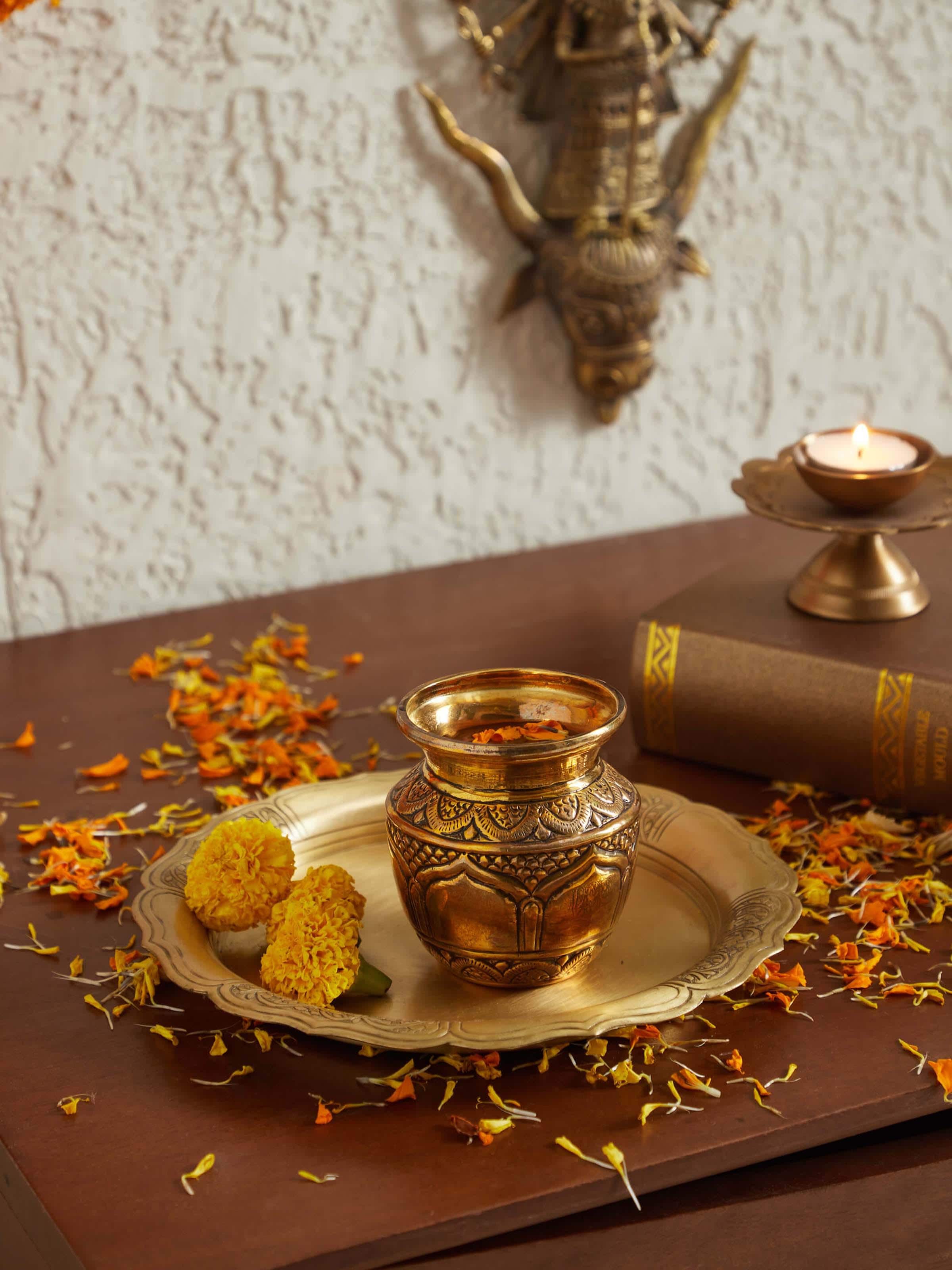 Side view of Polished brass barri kalash highlighting its ornate detailing and classic shape