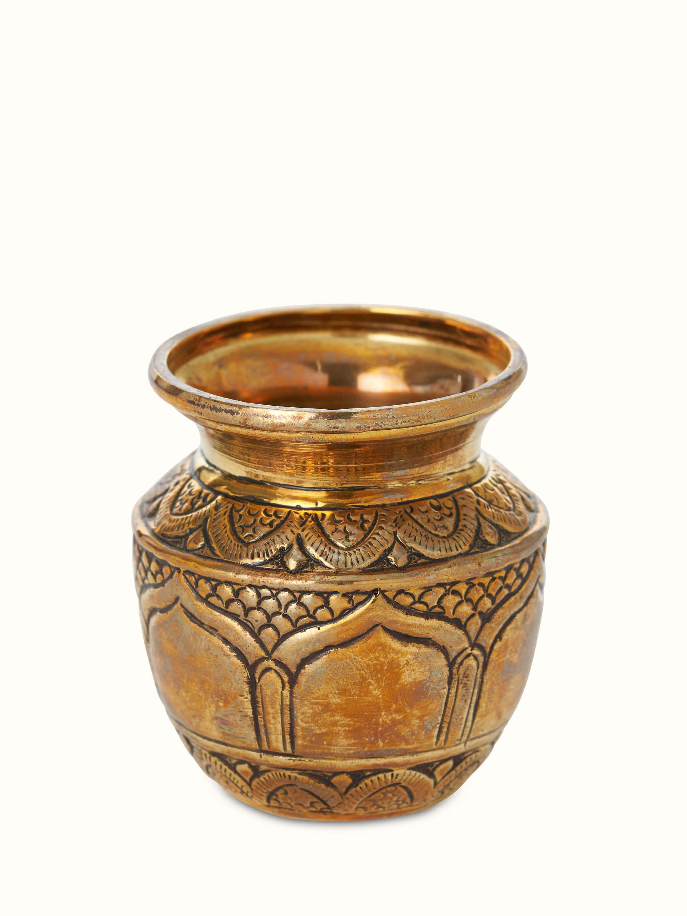 Close-up view of Polished brass barri kalash emphasizing the detailed craftsmanship and high-quality brass
