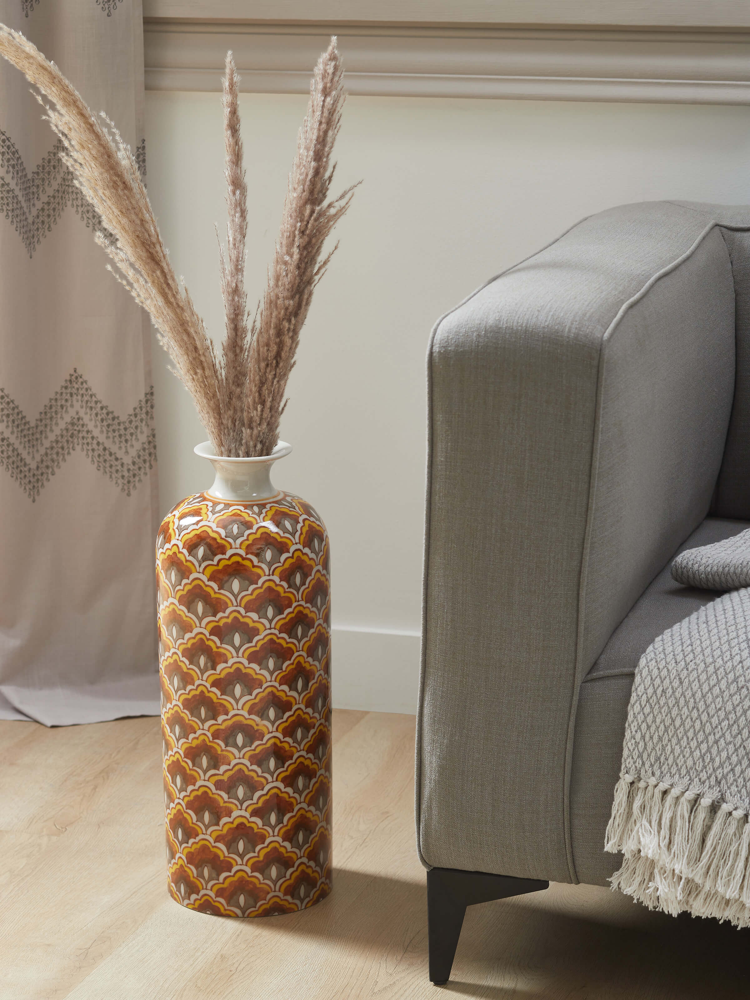 Side view of Blue Pottery Ceramic Floor Vase in Brown Color, highlighting the detailed patterns and finish