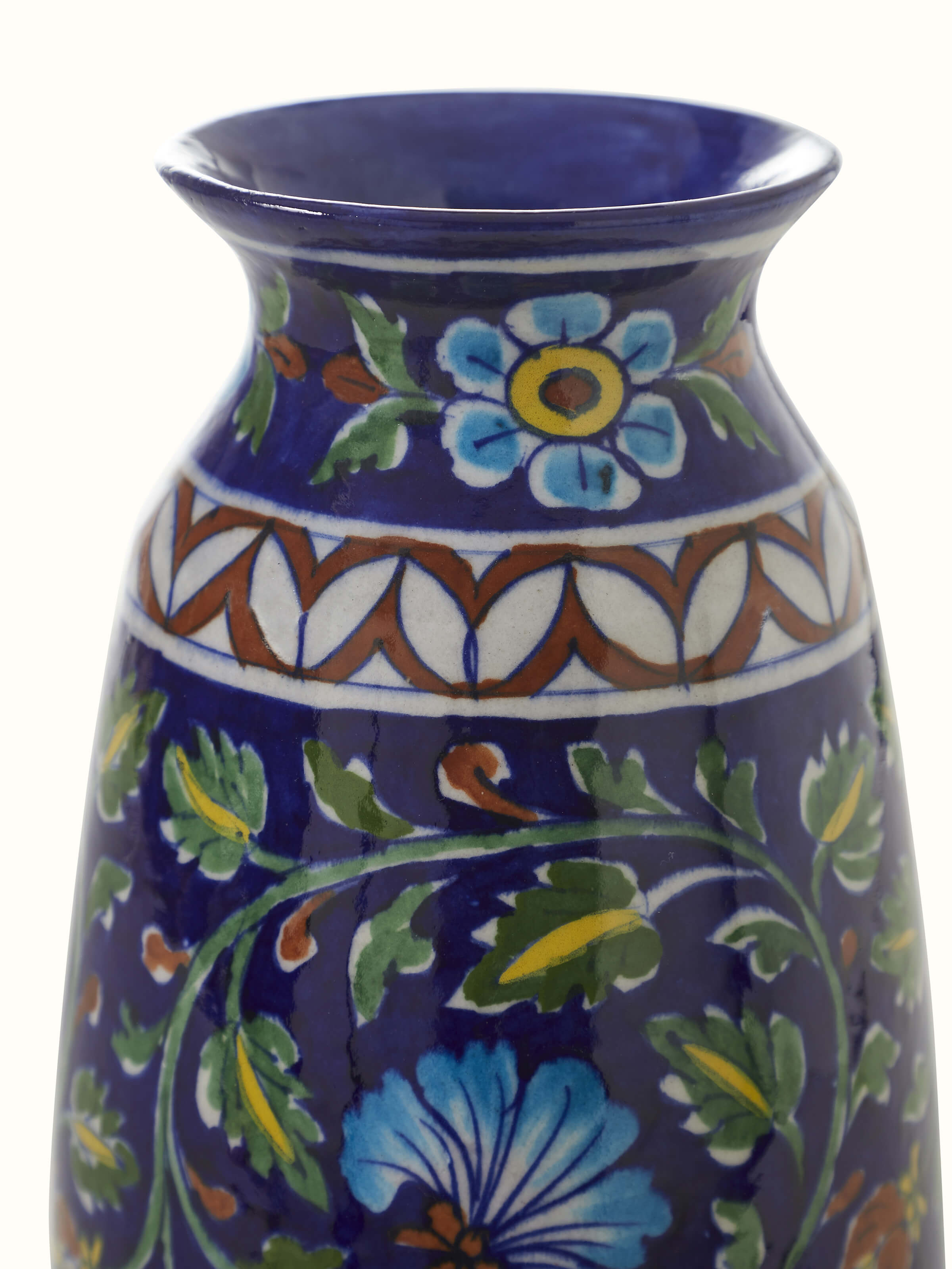 Close-up view of Glossy blue pottery ceramic table vase showcasing the detailed glaze and smooth ceramic surface