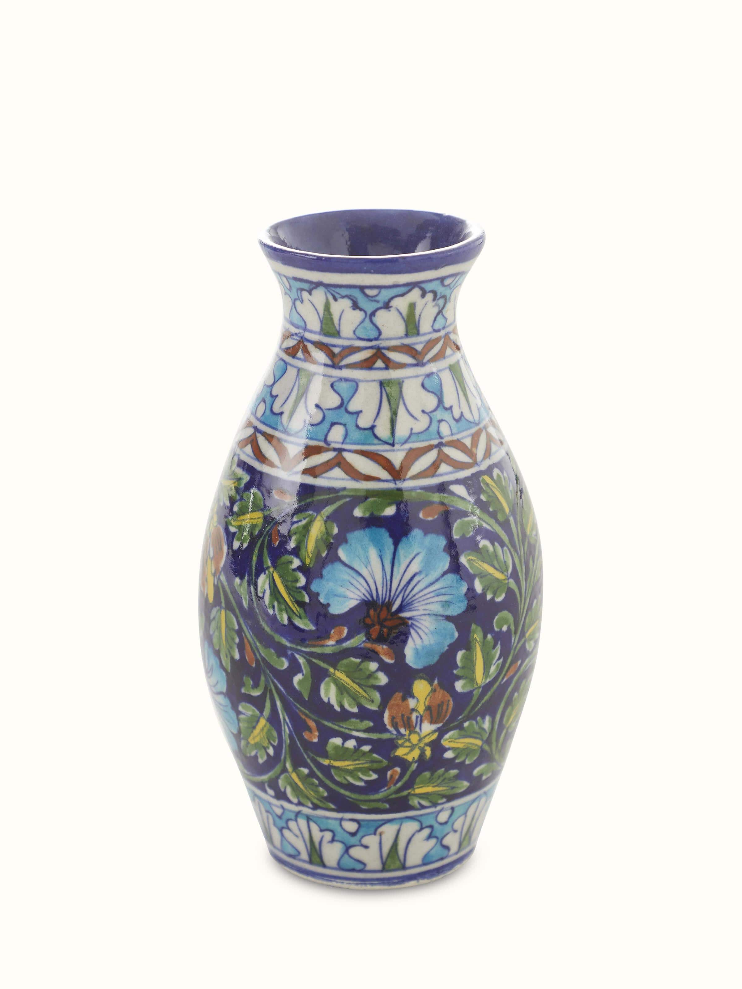 Front view of Natural Blue Pottery Ceramic Bud Vase, highlighting the traditional blue pottery design