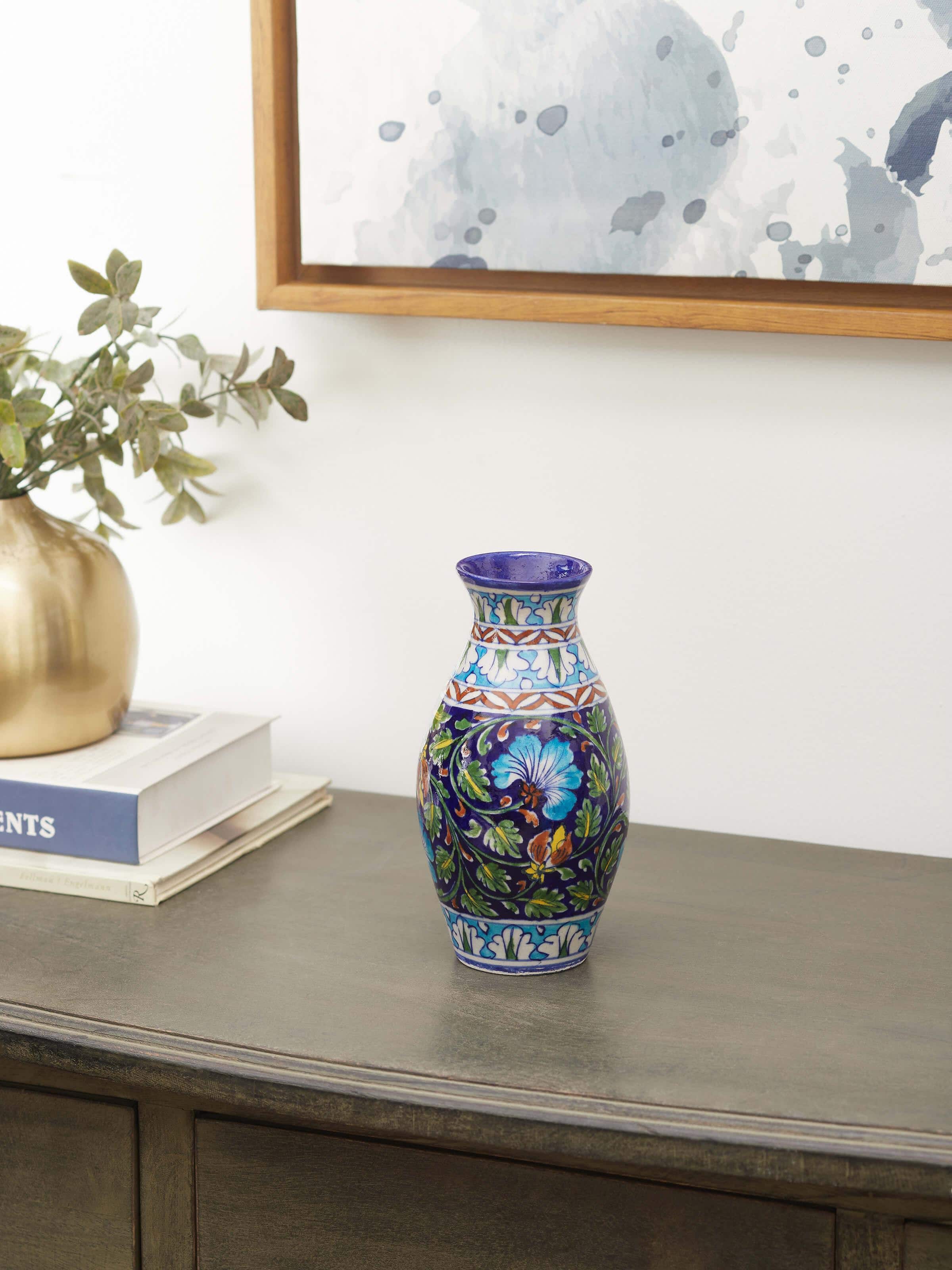 Side view of Natural Blue Pottery Ceramic Bud Vase, showing the elegant shape and glaze