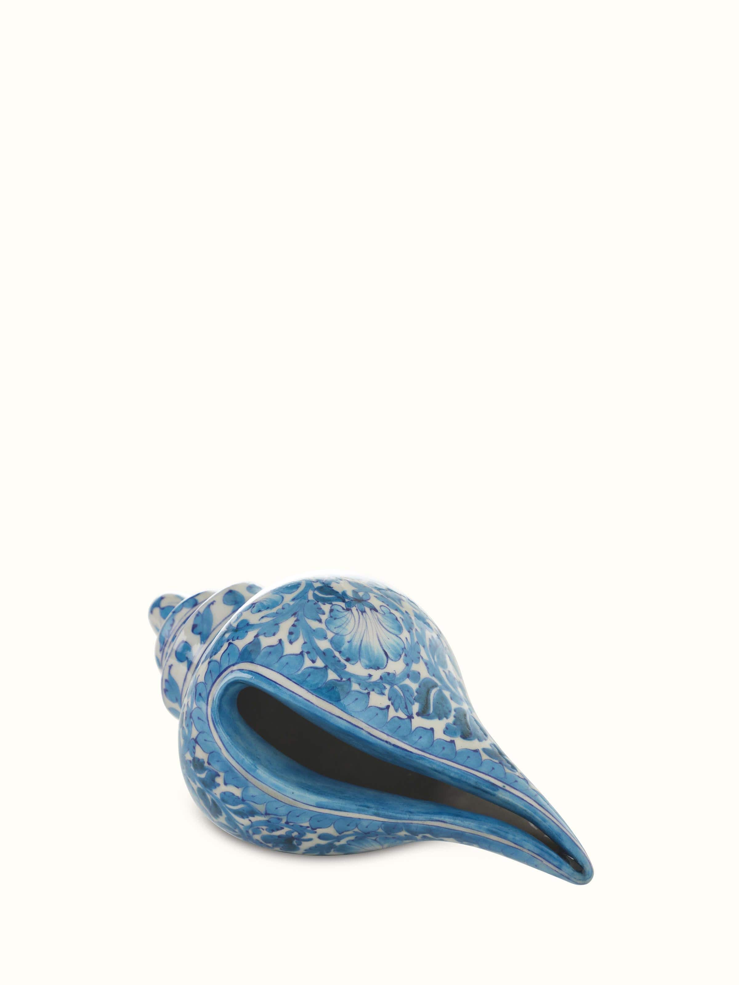 Front view of blue pottery ceramic buds and bloom shell artpiece