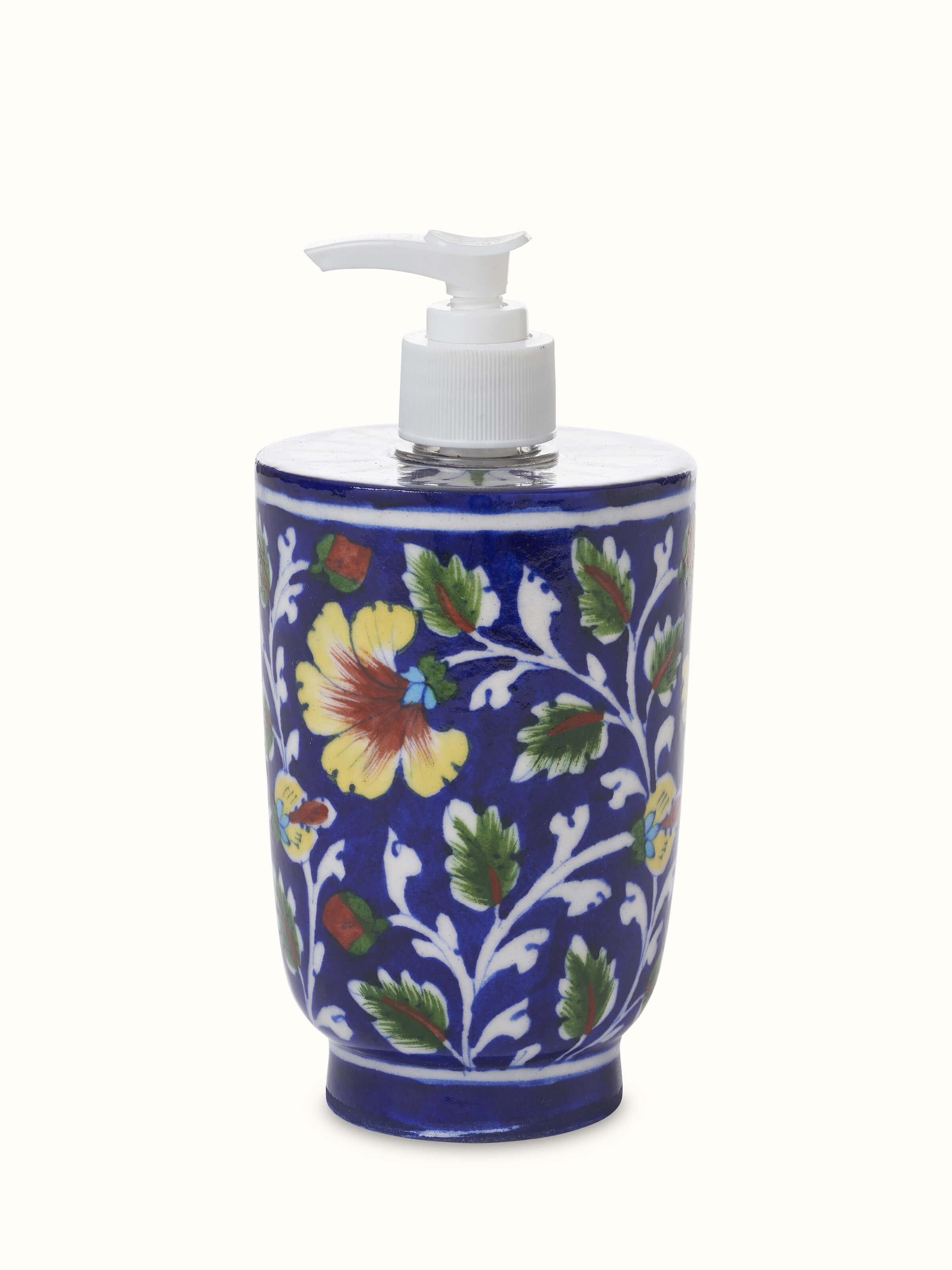 Front view of Blue Pottery Ceramic Soap Dispenser showcasing intricate design.