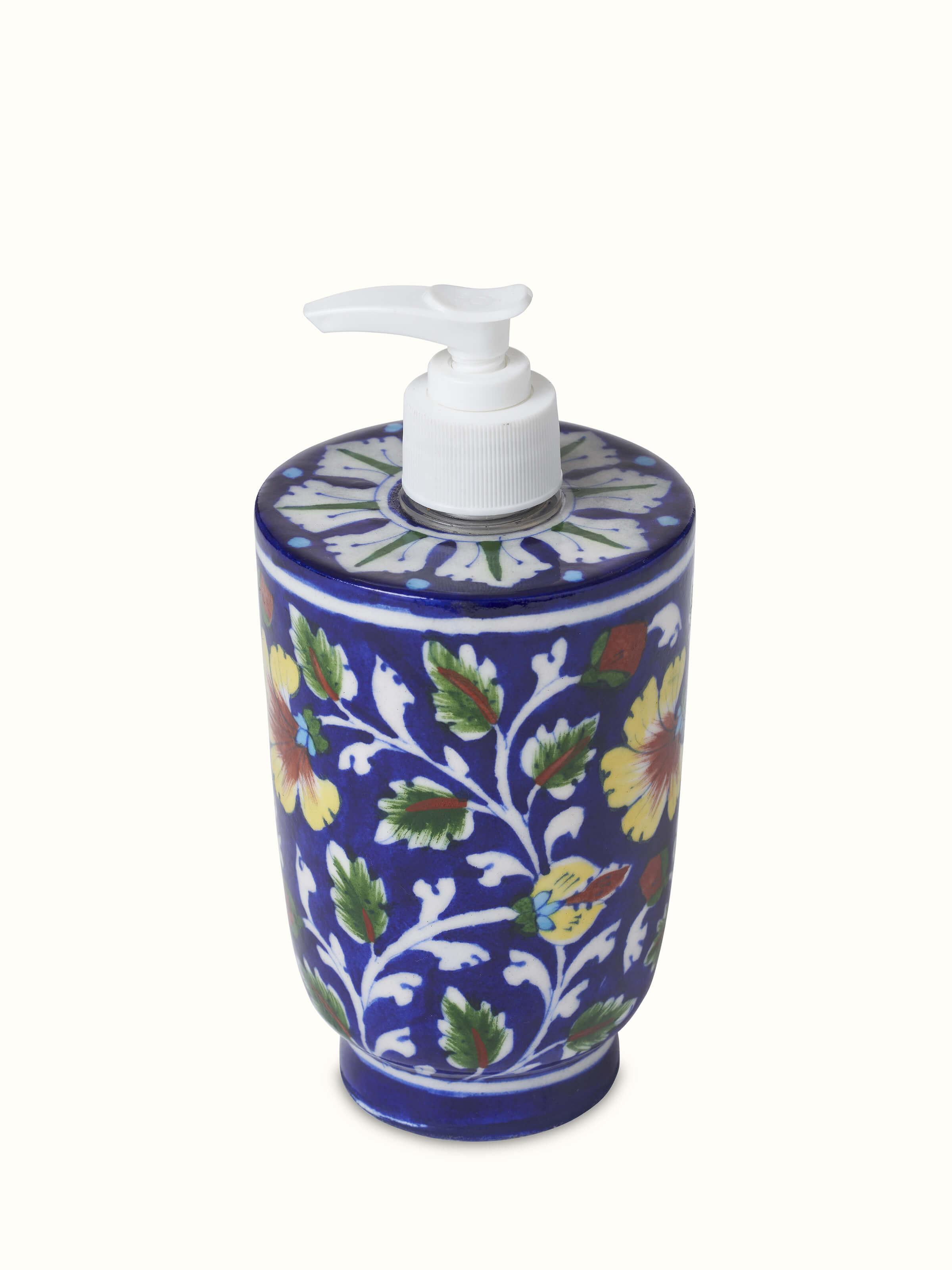 Angled view of Blue Pottery Ceramic Soap Dispenser showing detailed glaze.