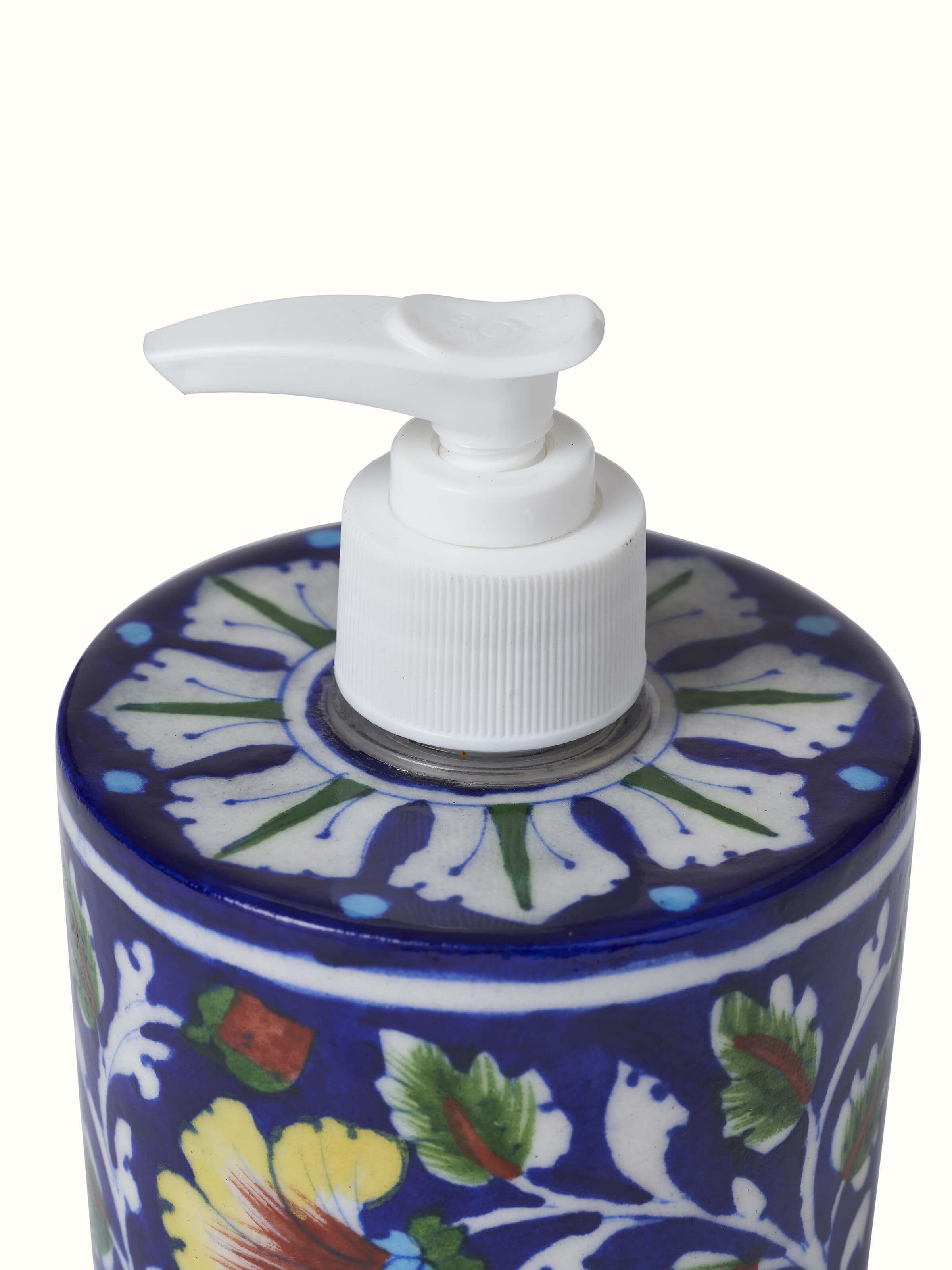 Close-up view of Blue Pottery Ceramic Soap Dispenser showcasing design texture.