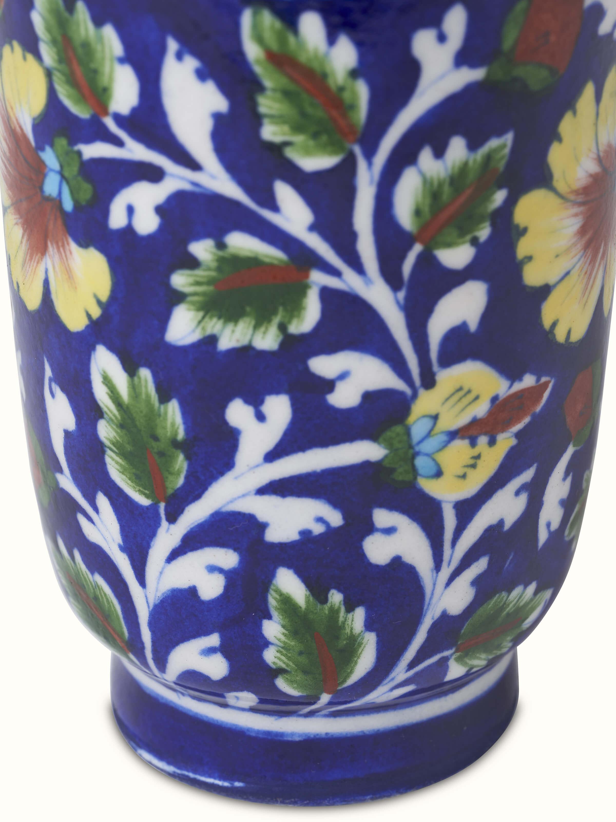 Full view of Blue Pottery Ceramic Soap Dispenser highlighting the complete design.