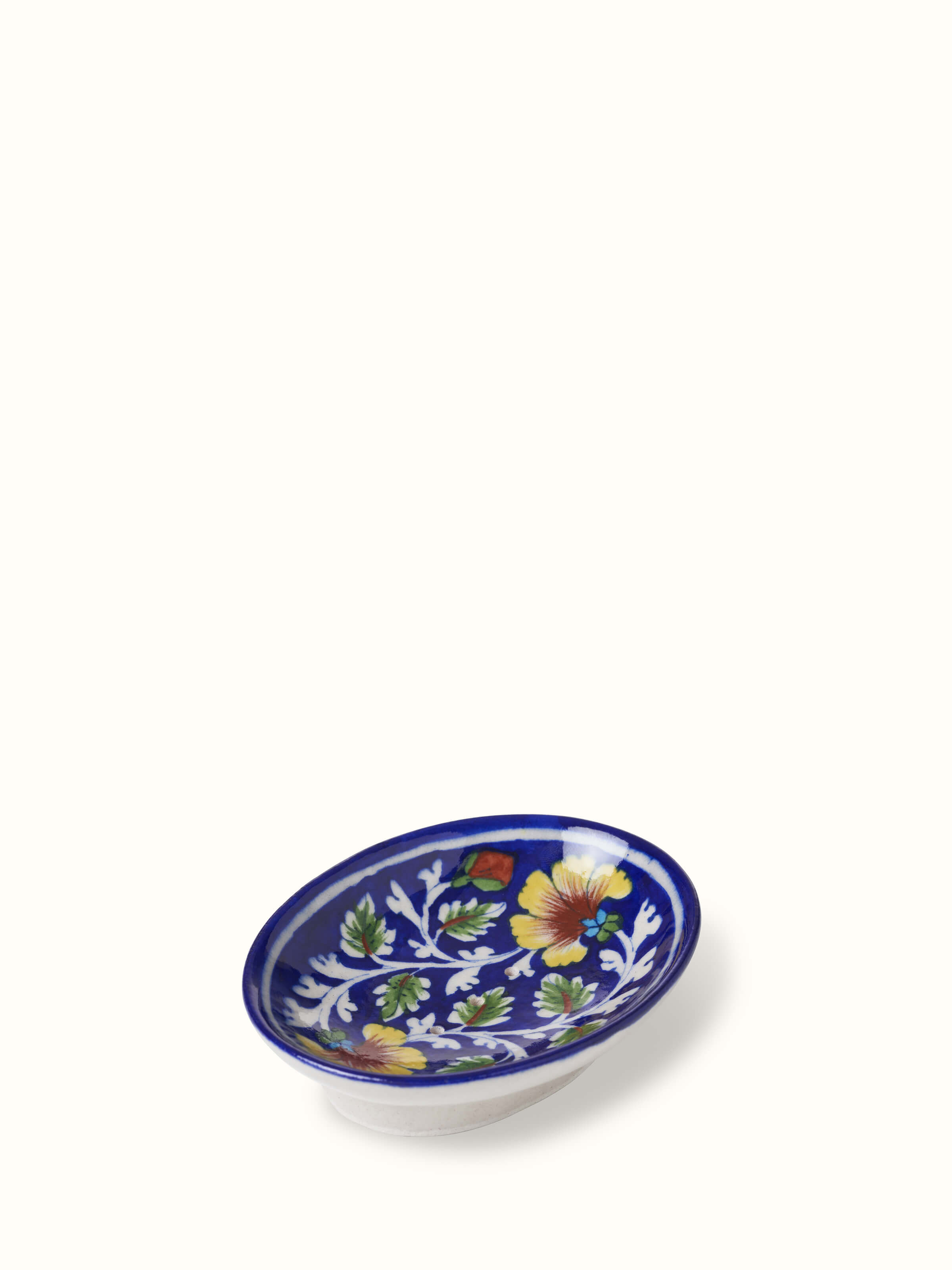Top view of blue pottery ceramic soap dish showing its detailed craftsmanship and vibrant glaze