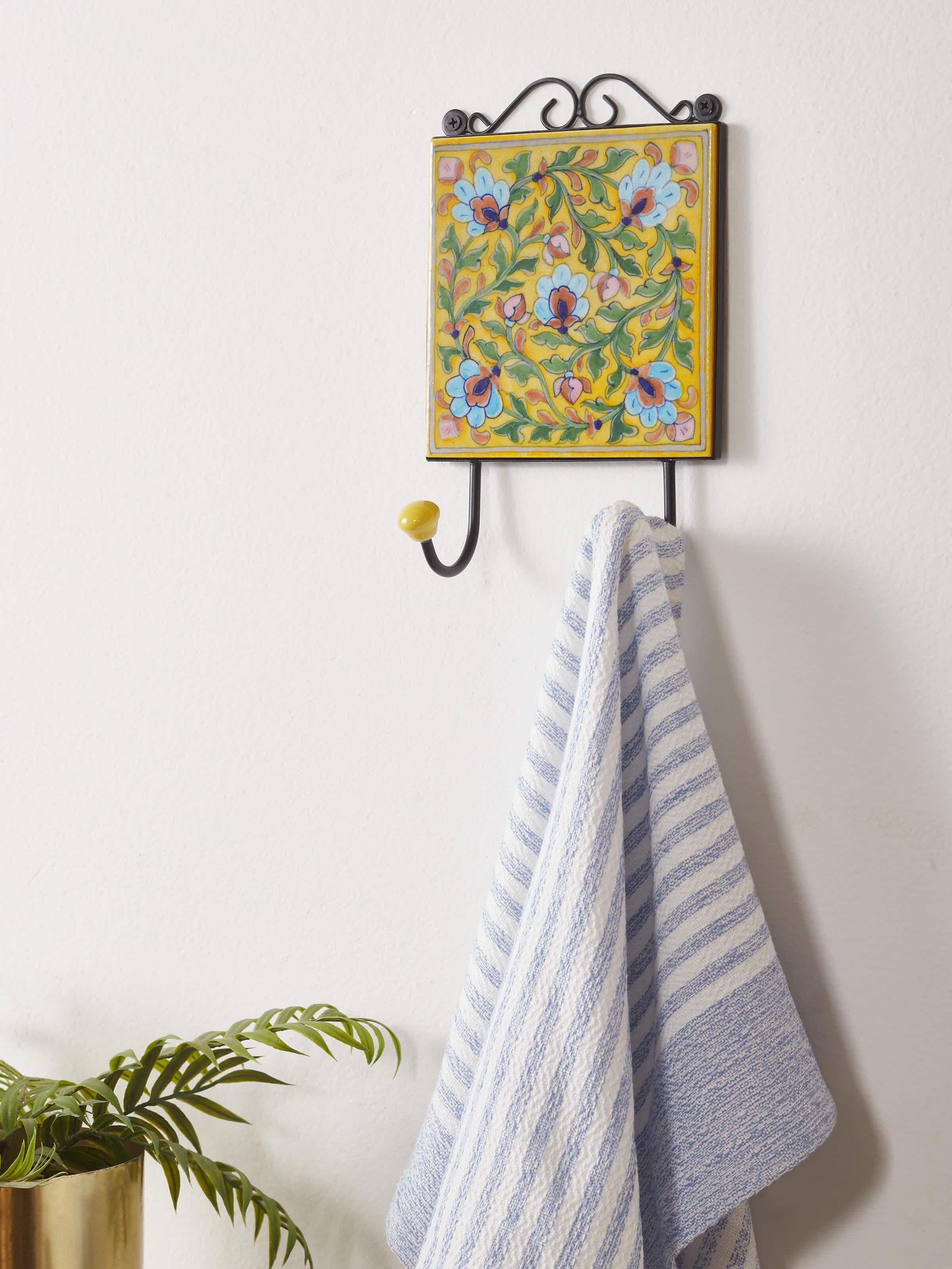 Side view of Blue Pottery Ceramic 2-Pin Wall Hook in Yellow Color showing detailed craftsmanship.