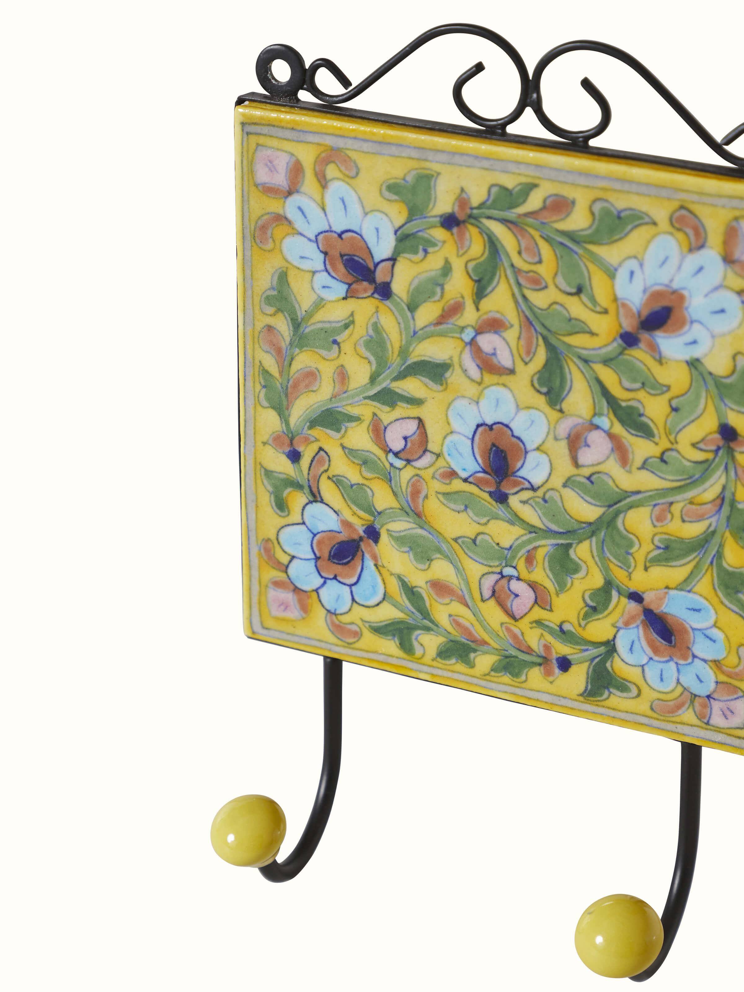 Artistic view of Blue Pottery Ceramic 2-Pin Wall Hook in Yellow Color highlighting vibrant colors.