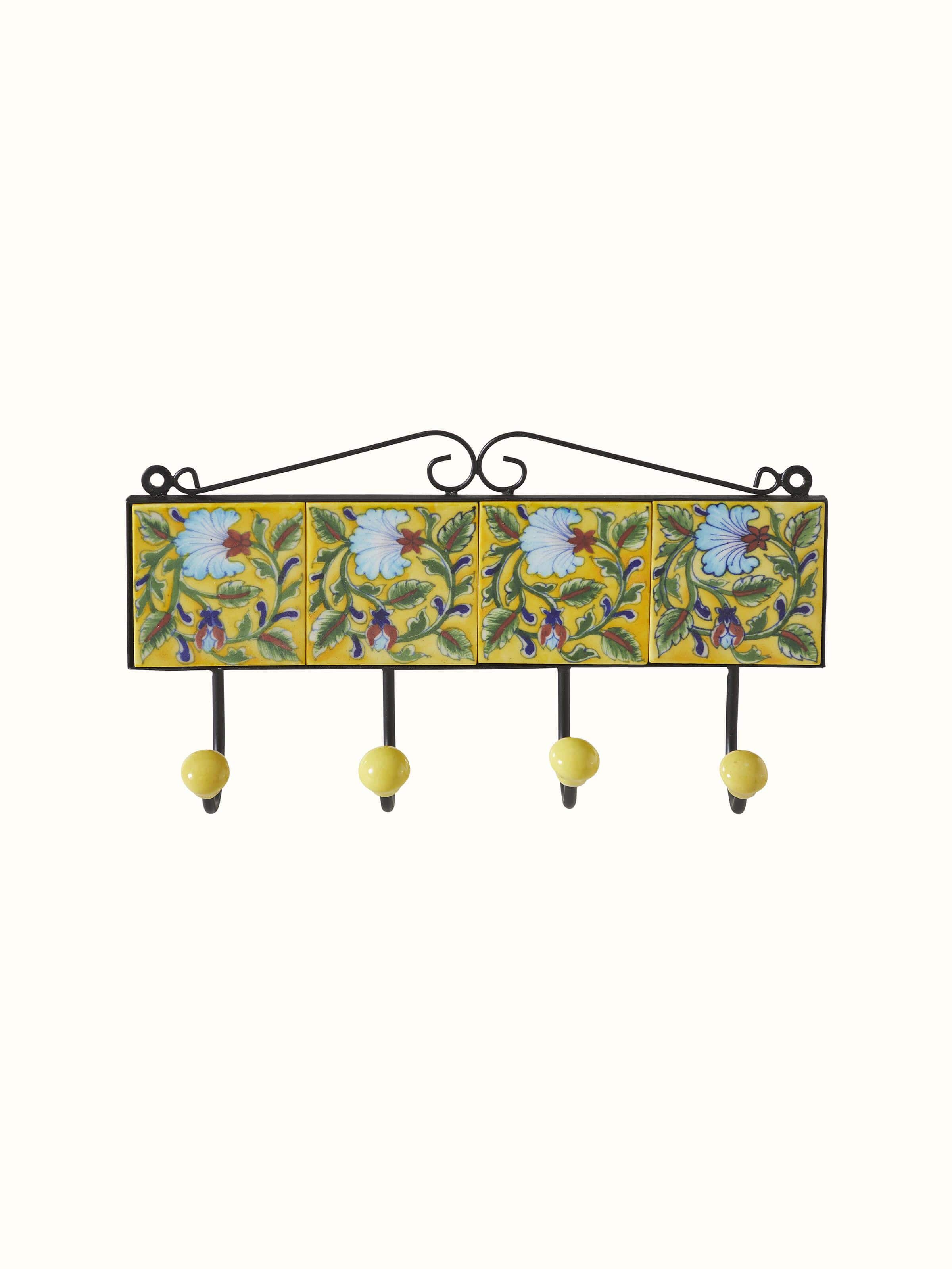 Blue pottery ceramic 4-pin wall hook in yellow, featuring traditional blue pottery design and four hooks.
