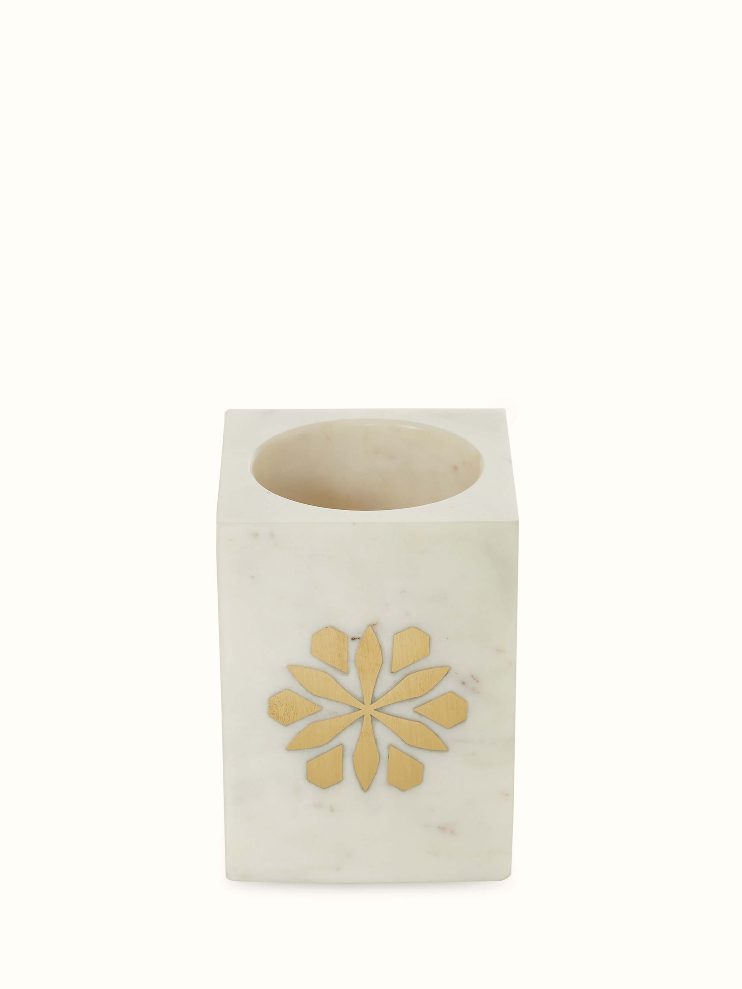 Full view of the marble and brass toothbrush holder, highlighting the elegant design and craftsmanship.