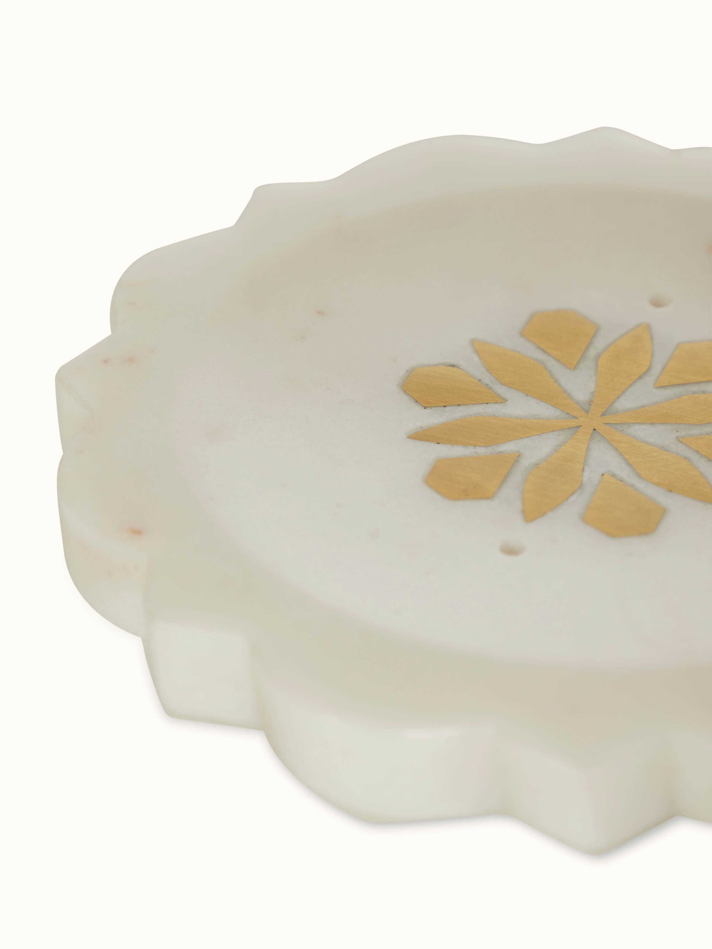 Full view of stone-worked marble and brass soap dish in gold color, showcasing its refined marble work and polished brass.