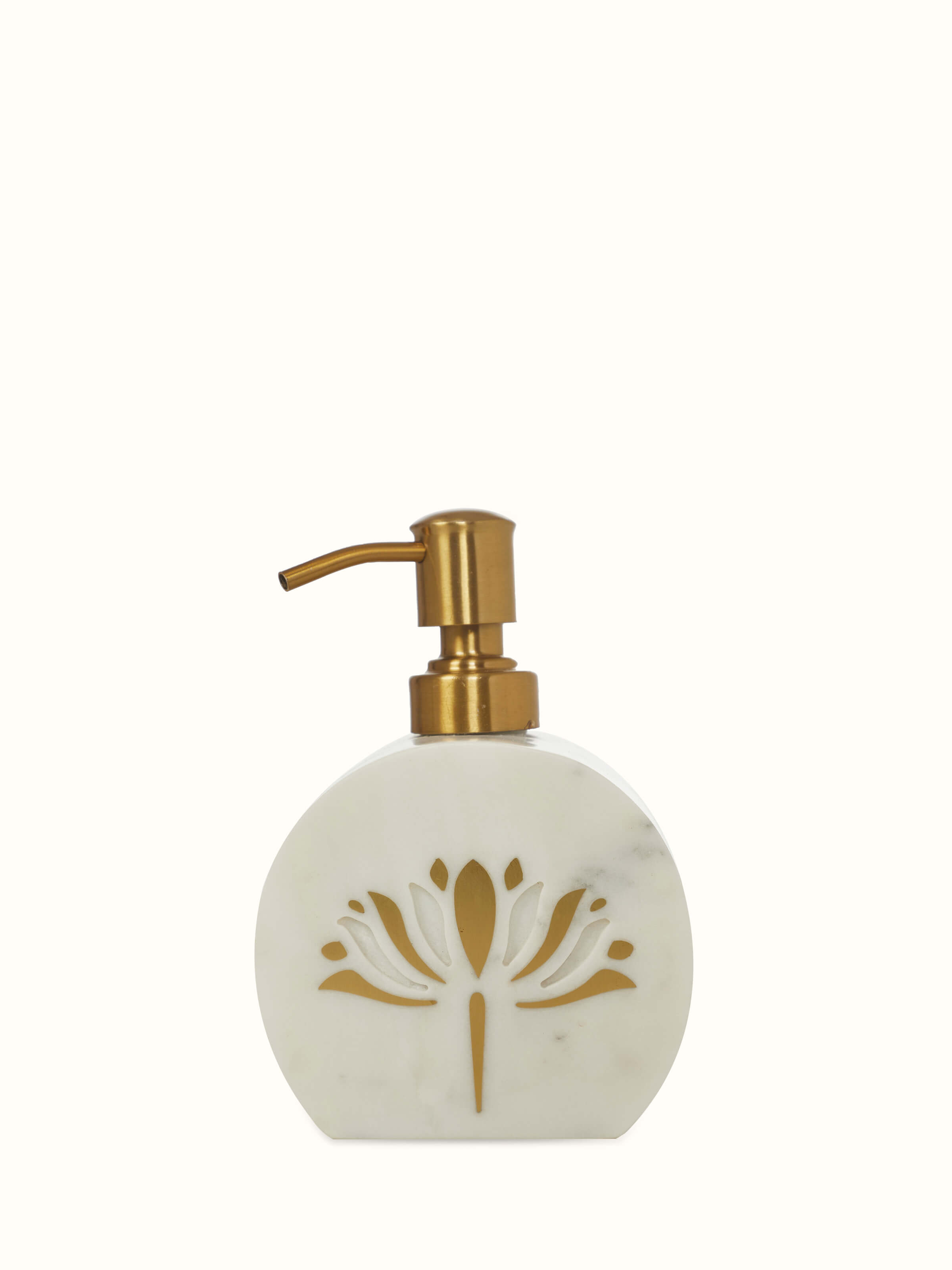 Close-up of stone-worked marble and brass soap dispenser in gold, showcasing its intricate details.