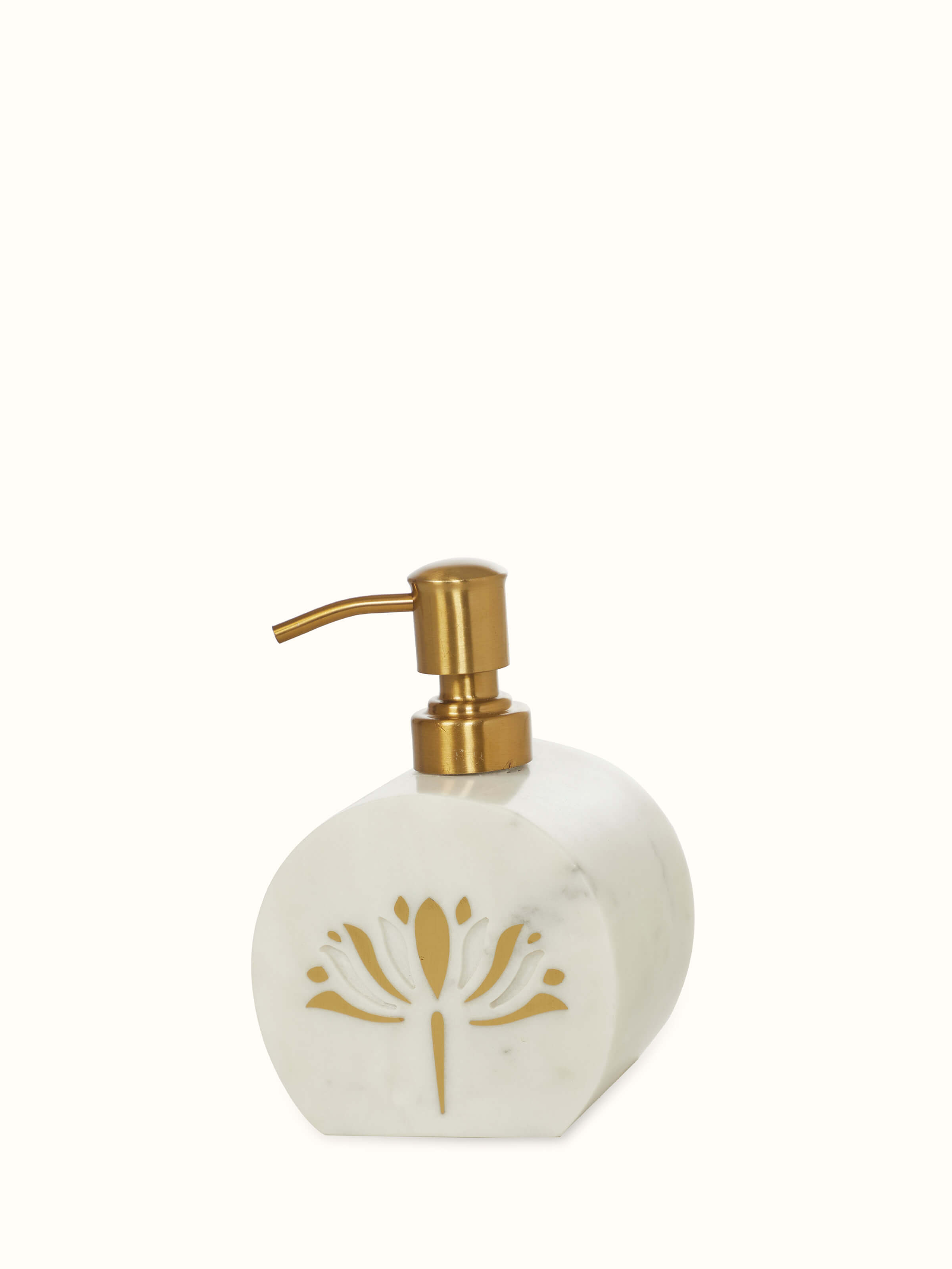 Top view of stone-worked marble and brass soap dispenser in gold color showing its refined craftsmanship.
