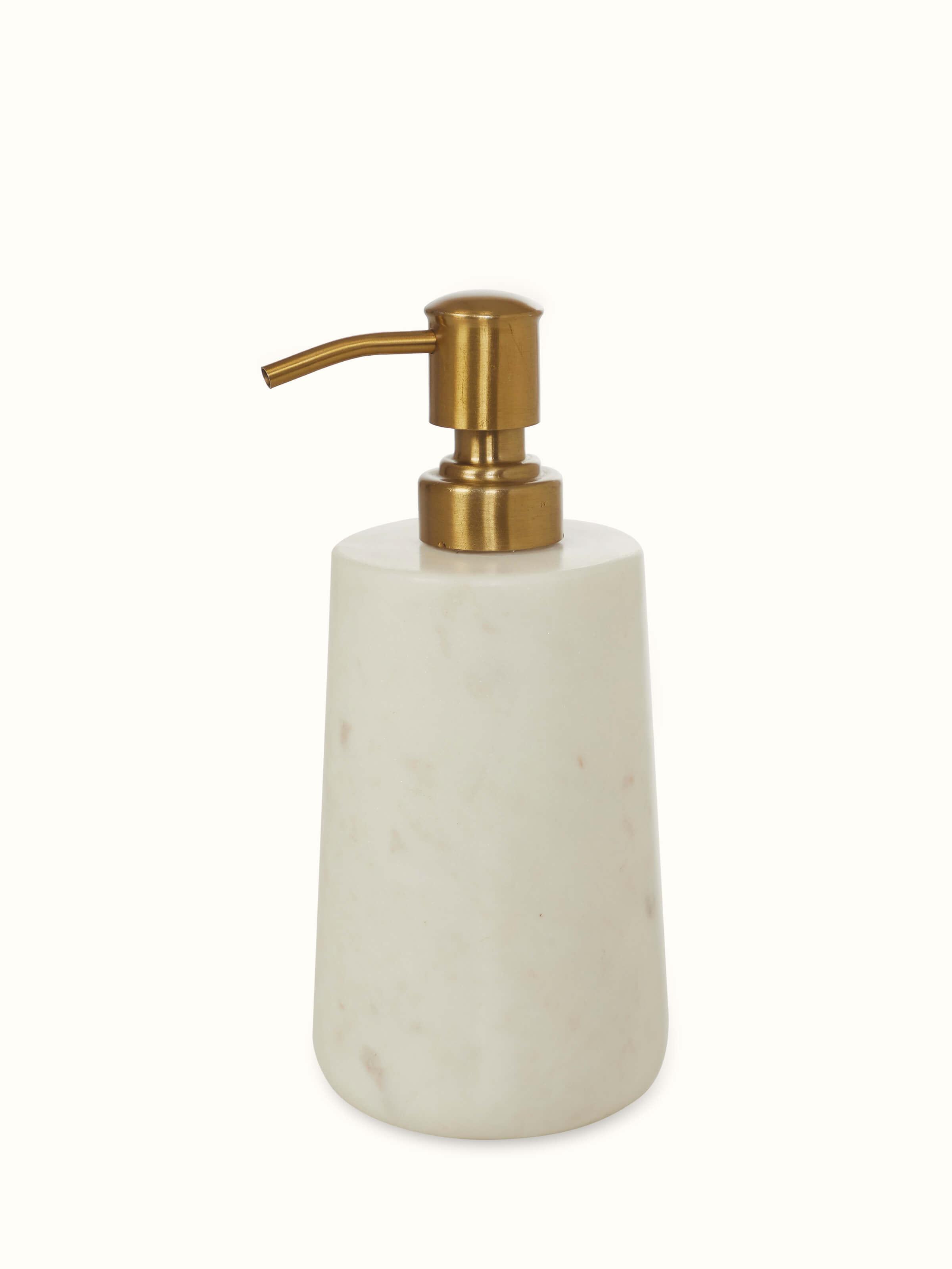 Angle view of Stone-worked marble & brass soap dispenser in white color emphasizing its polished finish.