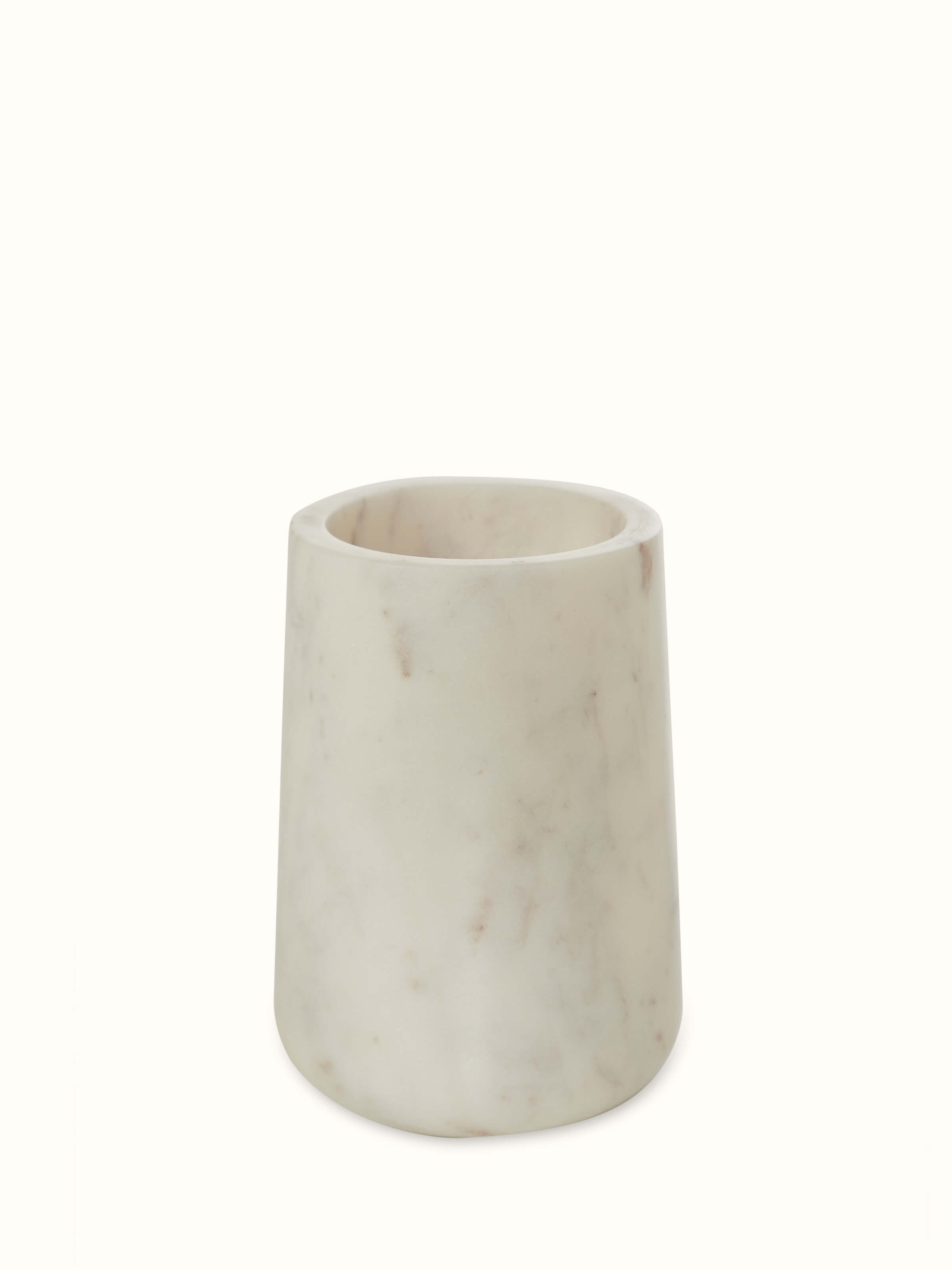 Front view of Stone-Worked White Marble & Brass Toothbrush Holder showcasing the marble texture and brass accents.
