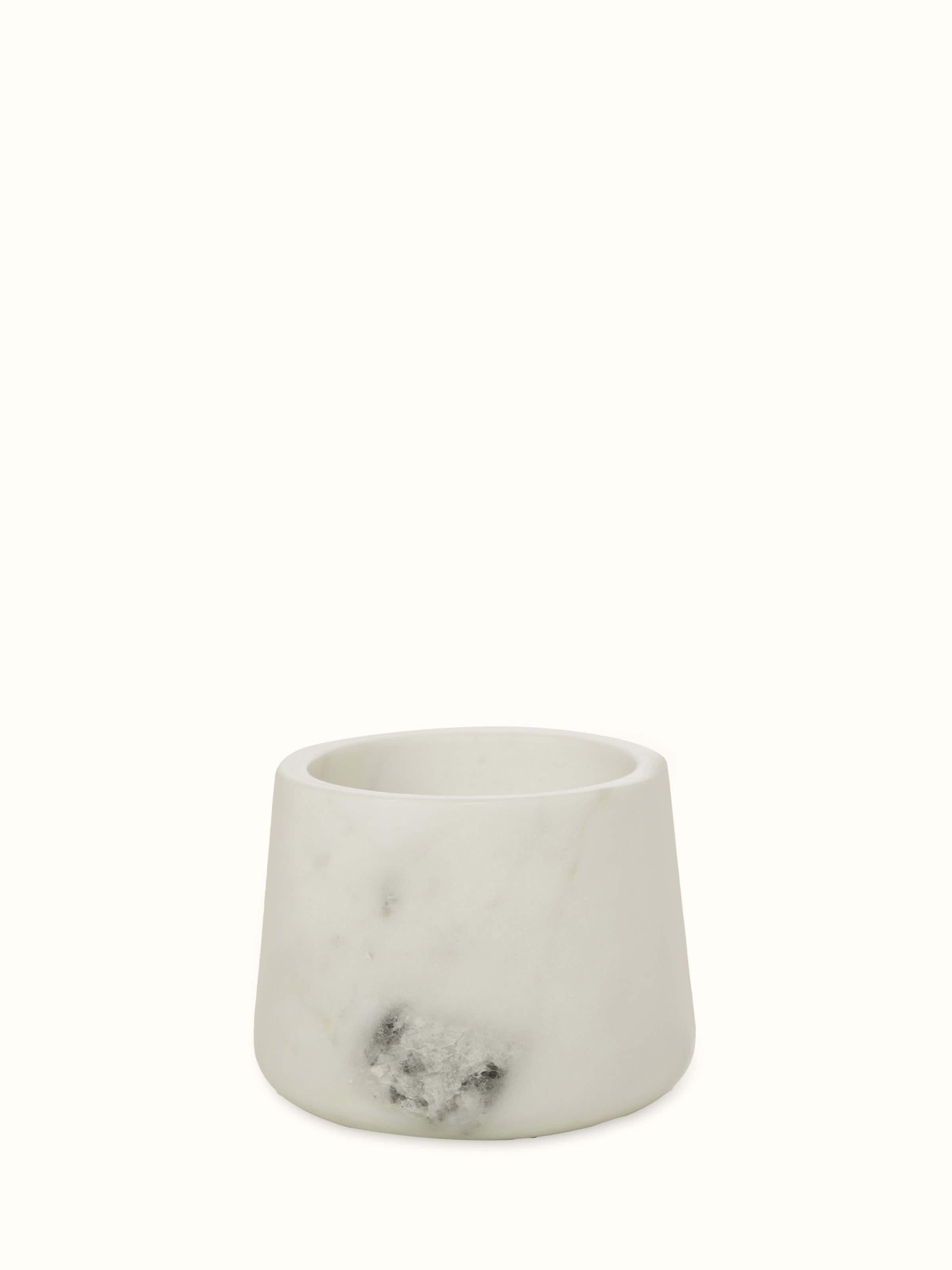 Front view of glossy stone-worked marble cotton bud holder displaying sleek marble design and polished finish