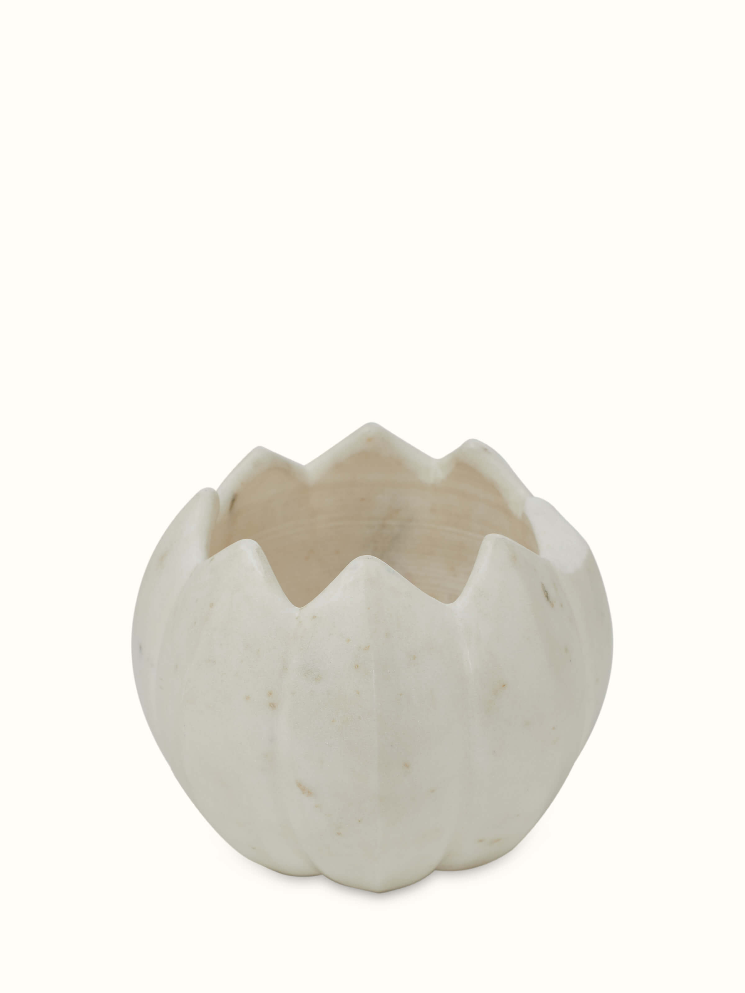 Front view of Stone-worked dodeca lotus white marble planter