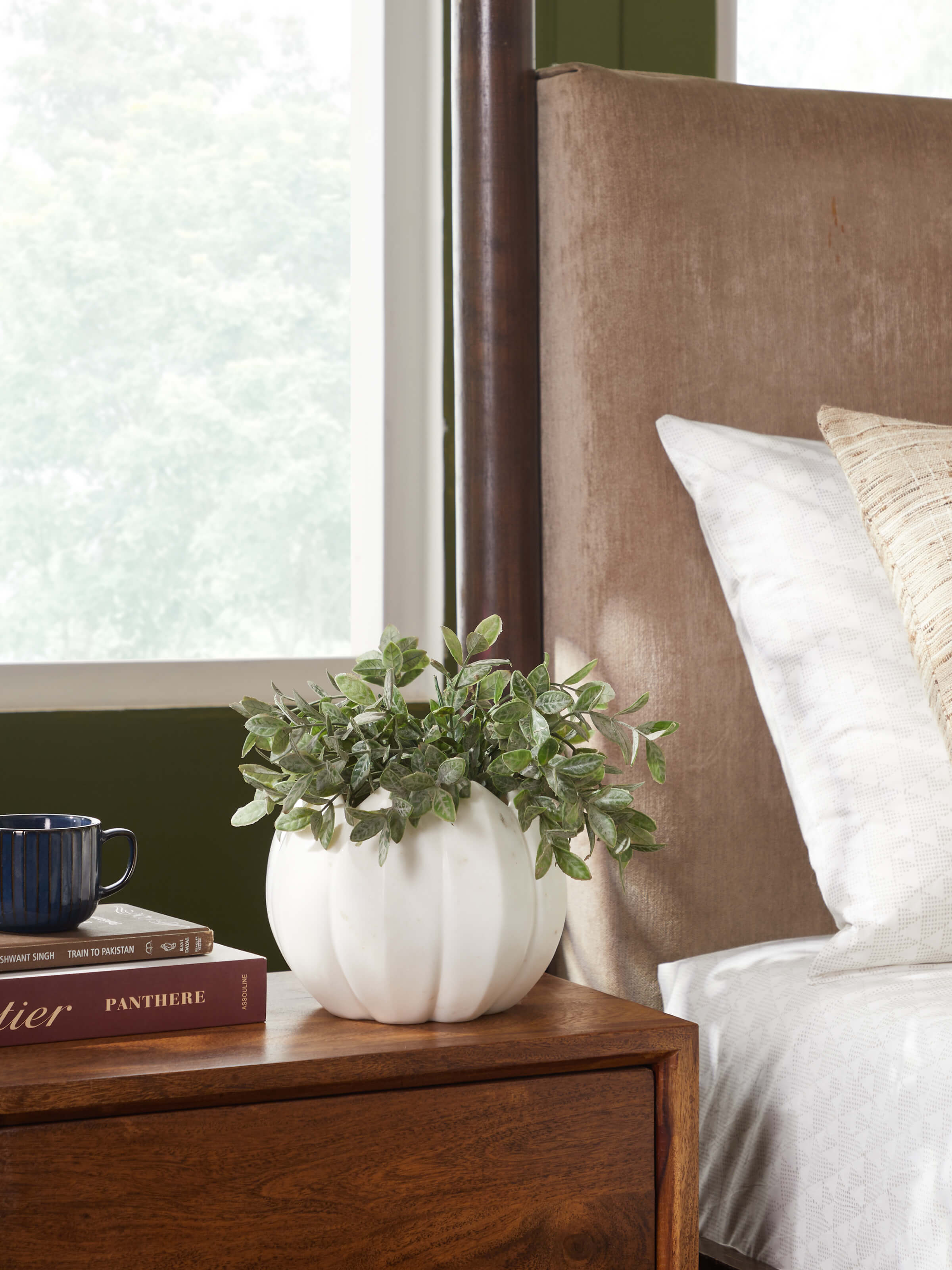 Side view of Stone-worked dodeca lotus white marble planter