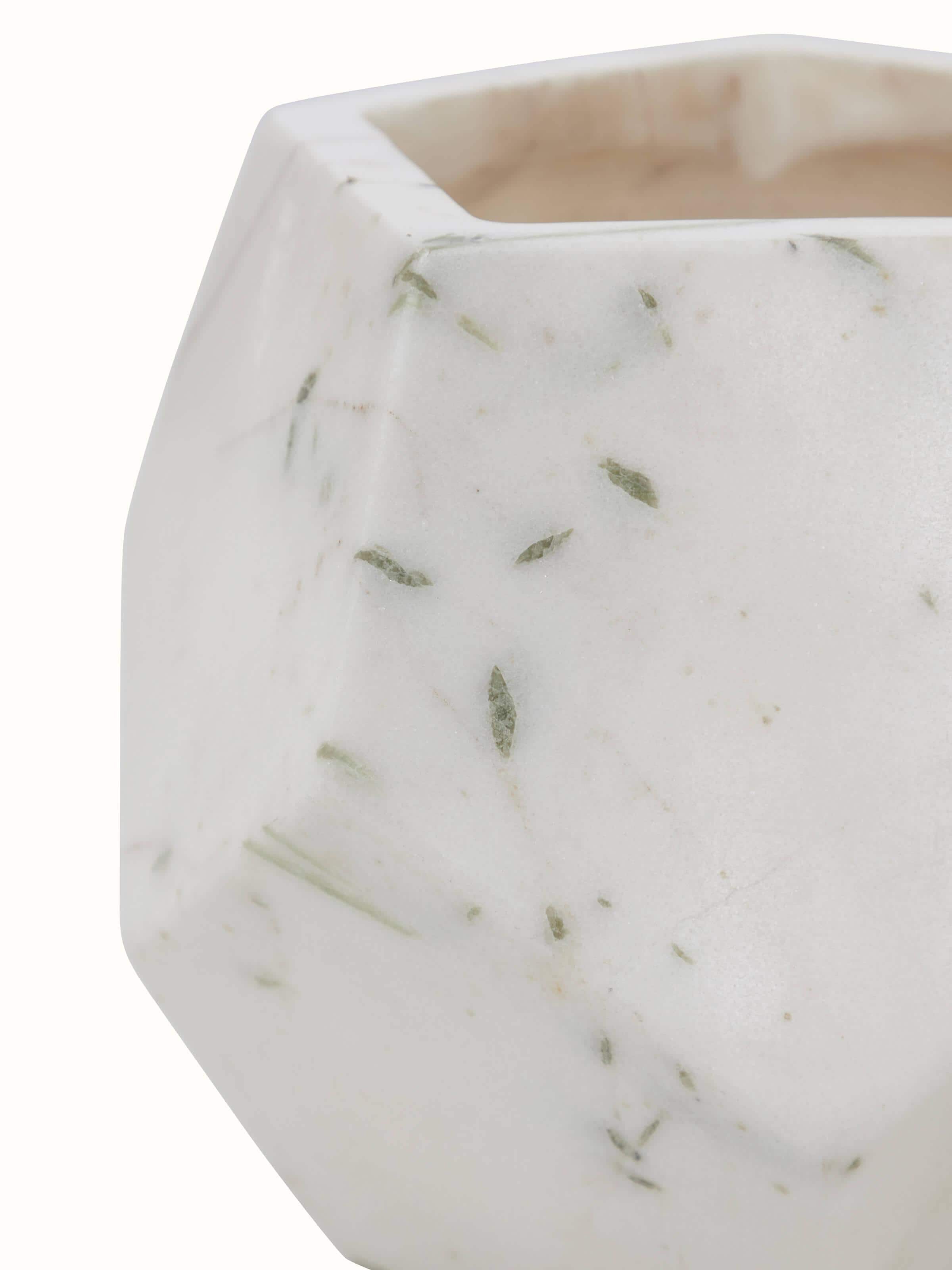 Angled view of Stone-worked dodeca white marble planter emphasizing the clean lines and refined marble craftsmanship