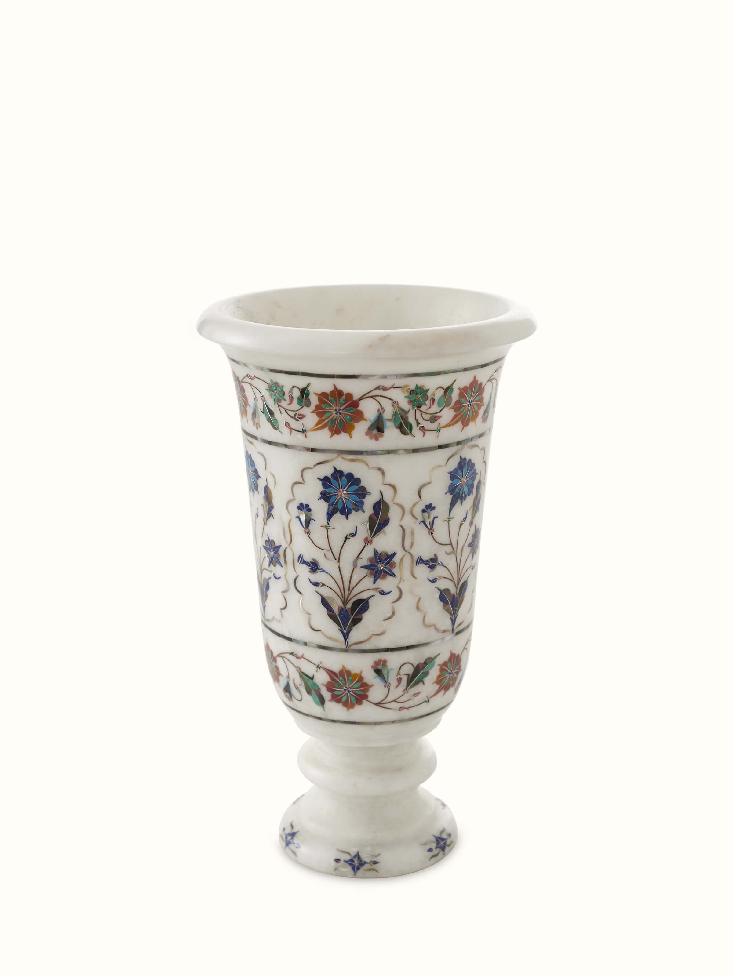 Pacchikari marble floral table vase in white color, showcasing intricate floral design and polished marble finish, Swadesh