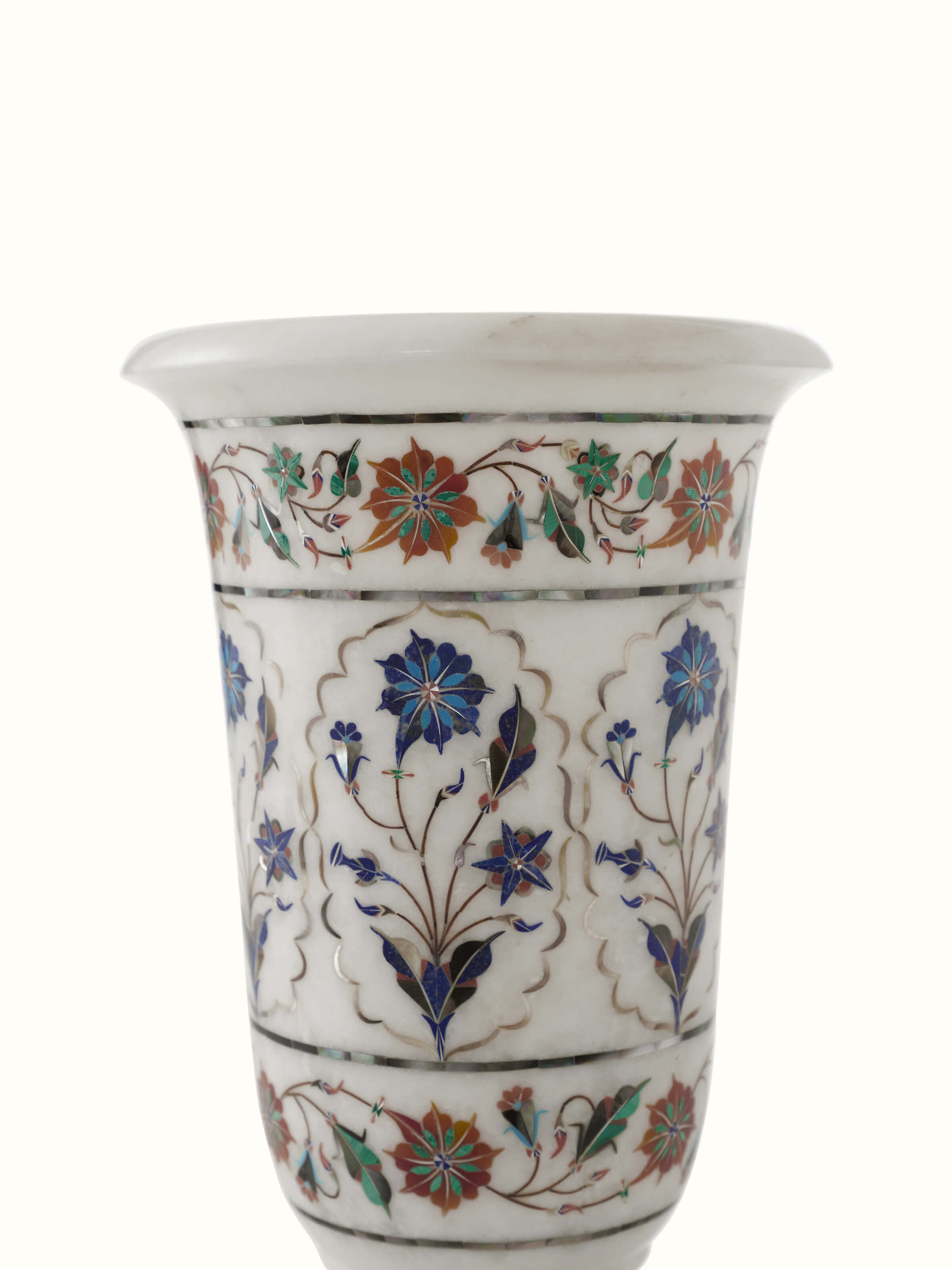 Detailed view of Pacchikari marble floral table vase in white color, showcasing the fine craftsmanship and elegant design, Swadesh