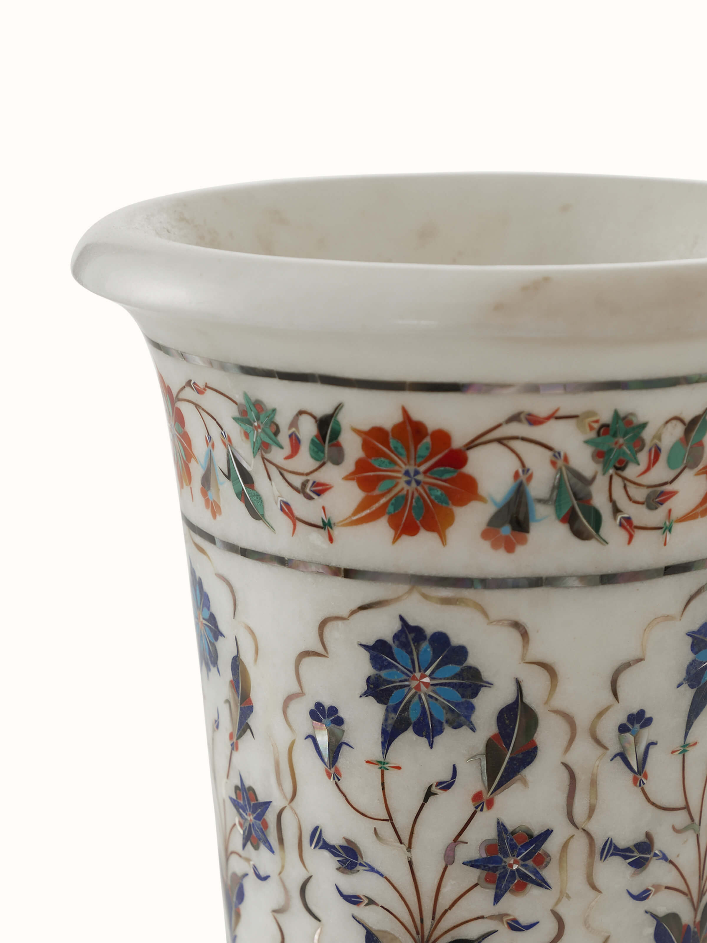 Top view of Pacchikari marble floral table vase in white, displaying the intricate floral design and smooth marble finish, Swadesh