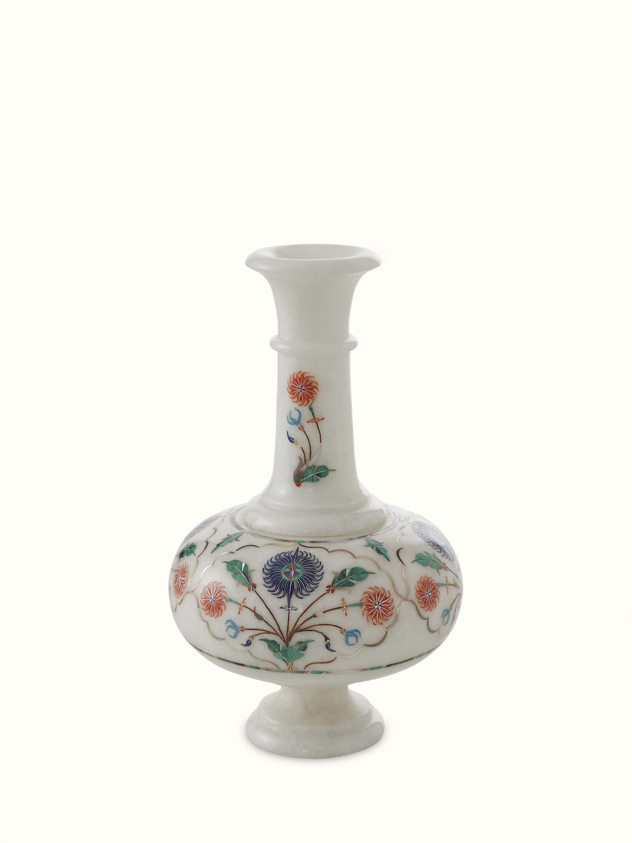 Front view of glossy Pacchikari marble table vase with smooth finish and detailed design