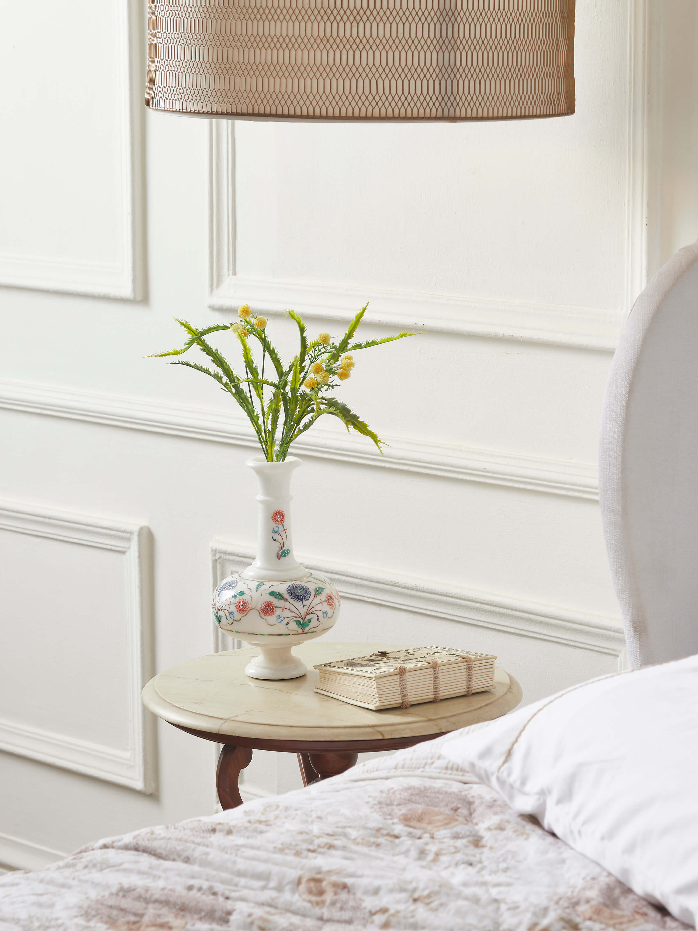 Side view of glossy Pacchikari marble table vase highlighting its elegant curves