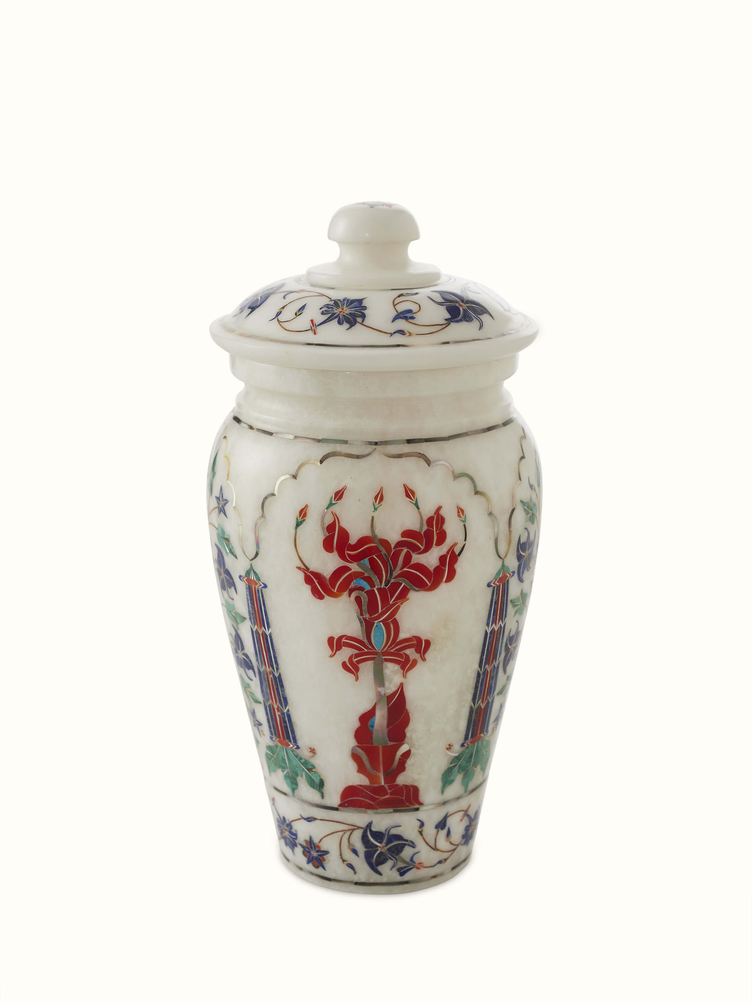 Detailed view of Transitional pacchikari marble table vase showcasing intricate design
