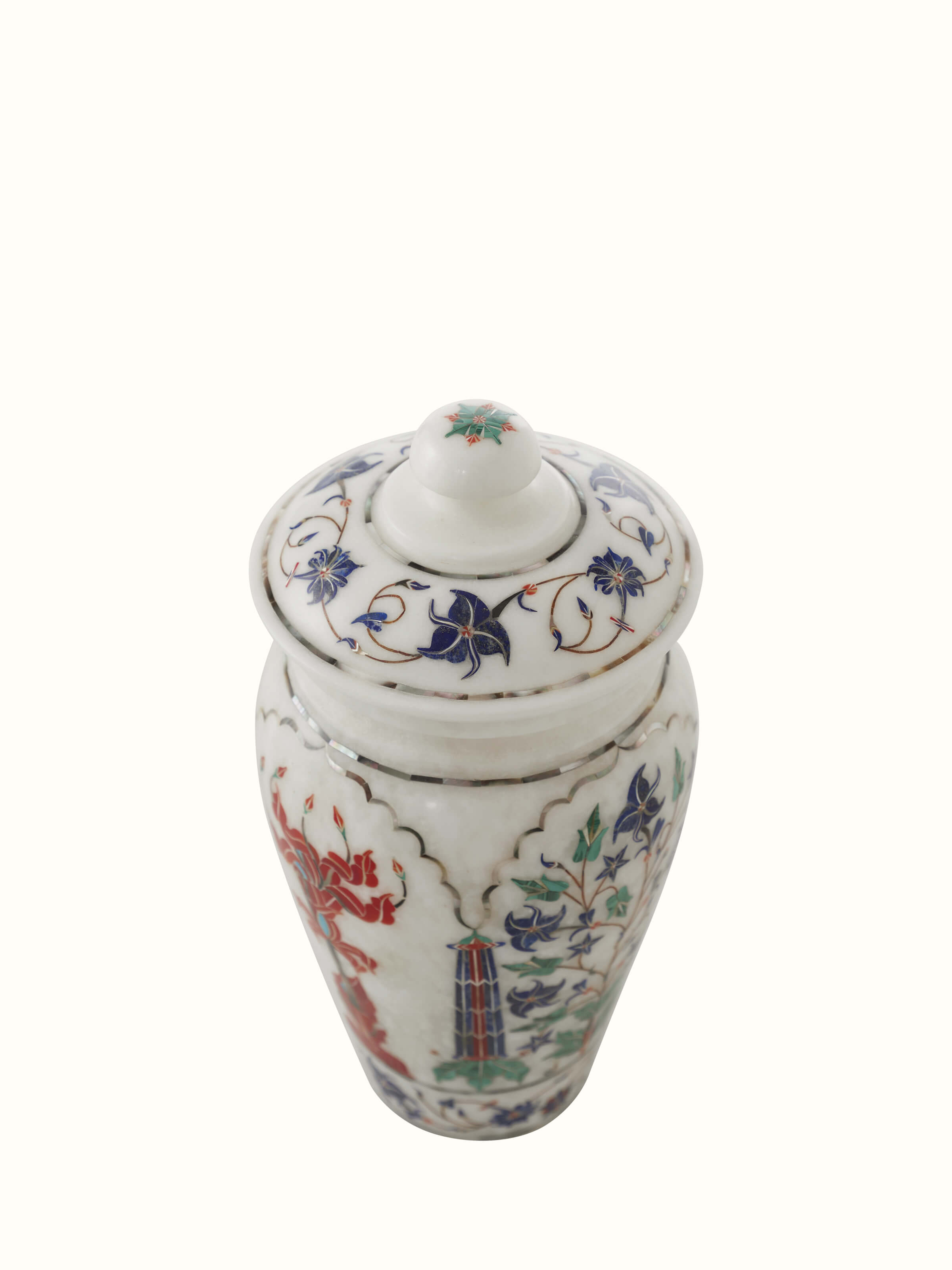 Angled view of Transitional pacchikari marble table vase focusing on marble finish