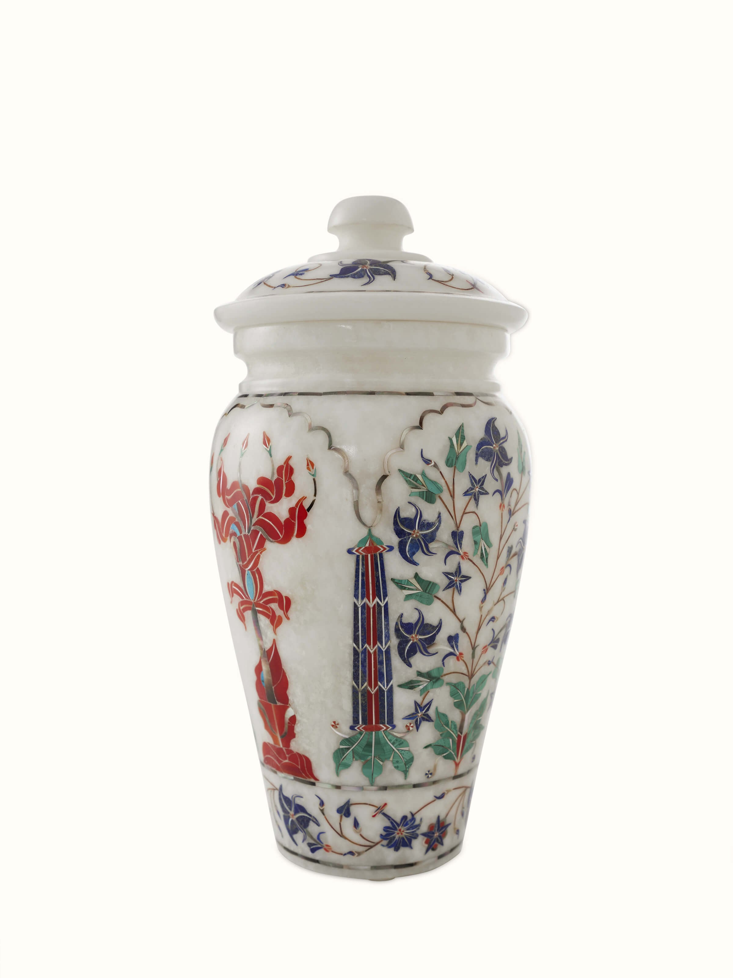 Detailed view of Transitional pacchikari marble table vase focusing on the intricate patterns
