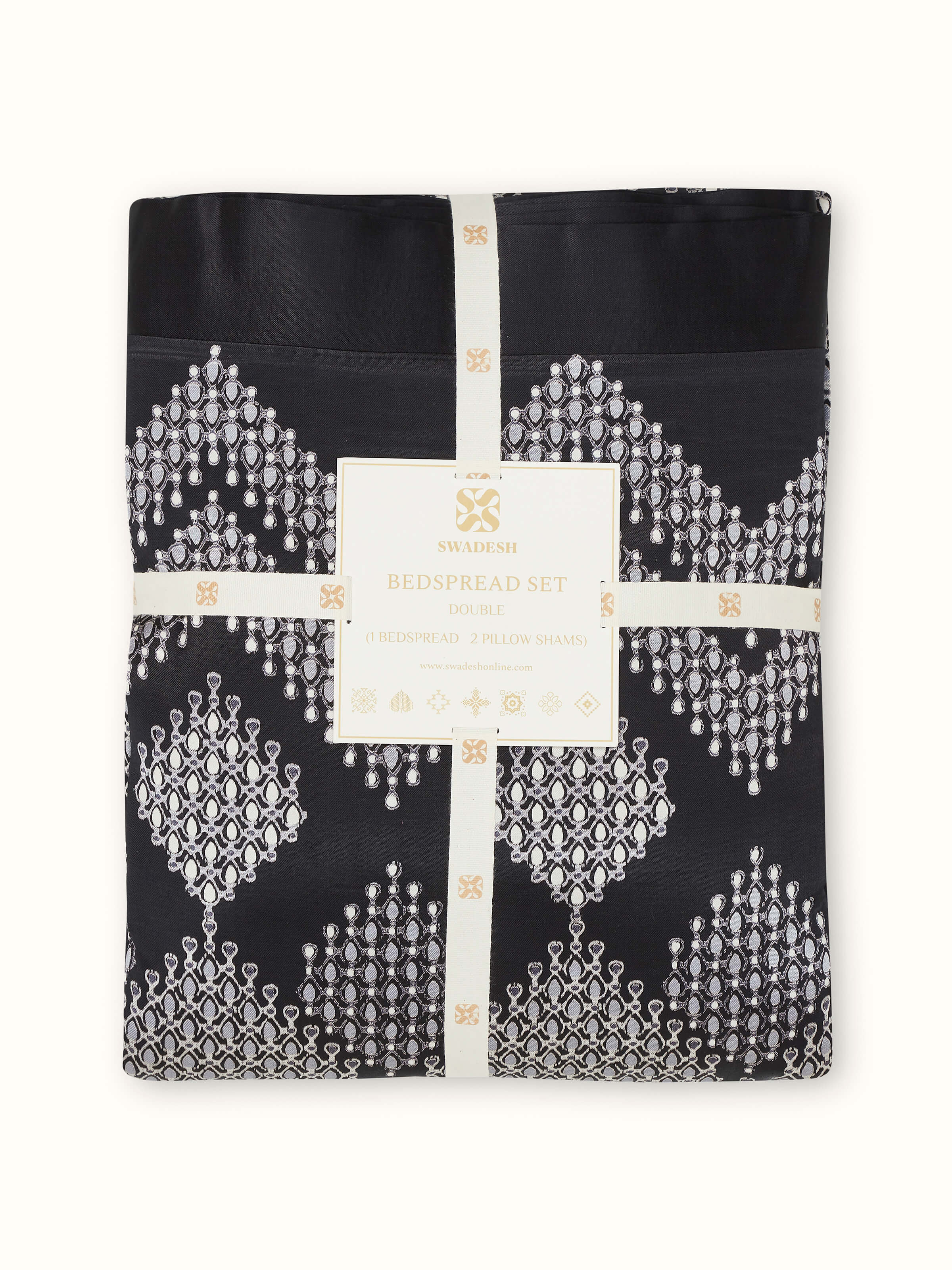 Rambagh geometric viscose cotton blend Sanganeri block printed double bedspread set, side view of bed arrangement.