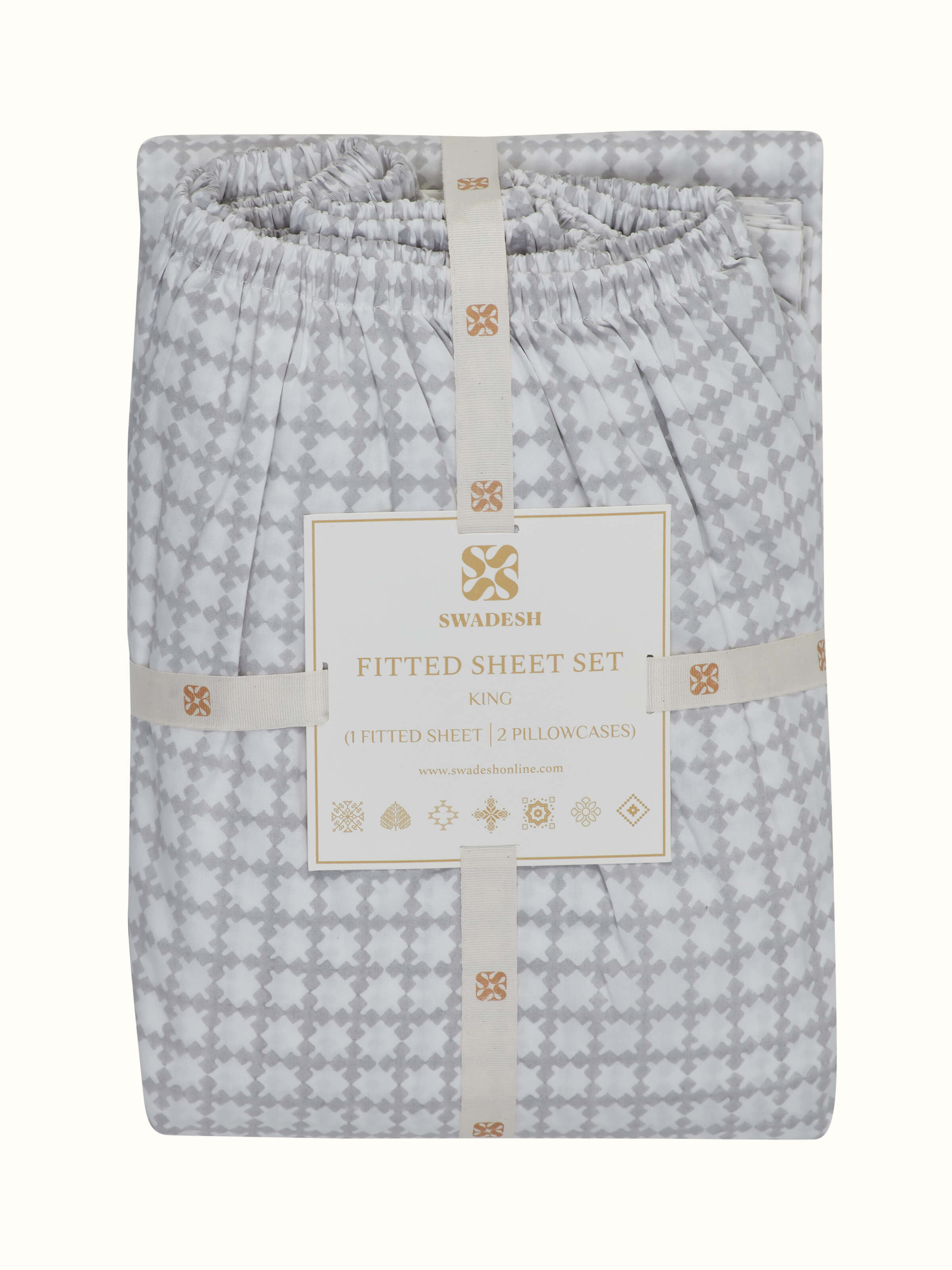 Full view of the Pratidin grey grid cotton Sanganeri block printed king fitted bedsheet set, including all three pieces