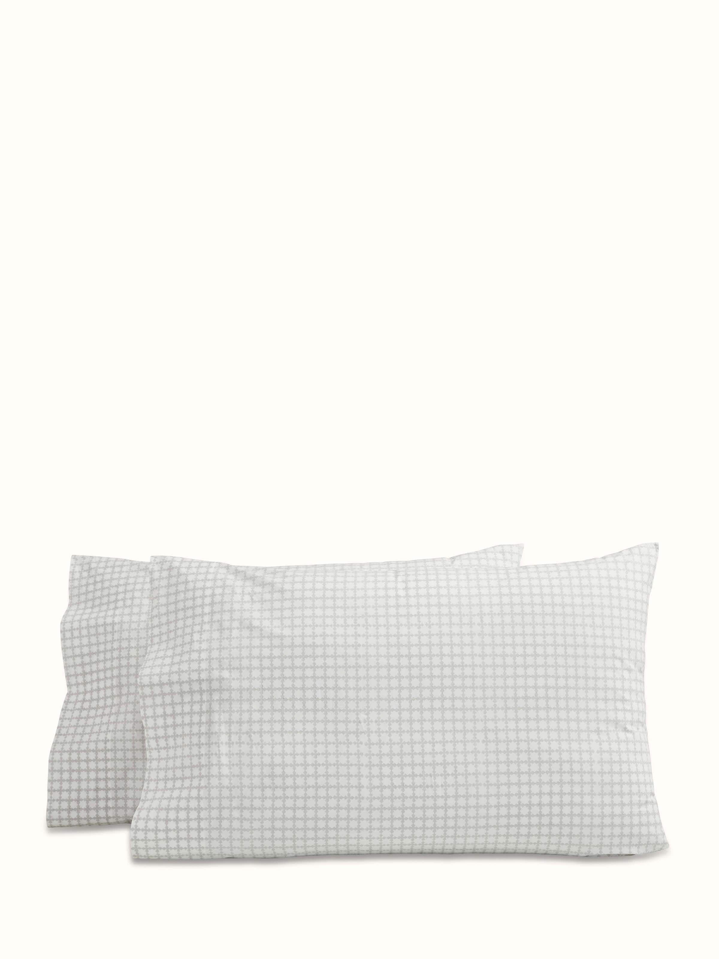Full view of Pratidin grey grid cotton Sanganeri block printed queen fitted bedsheet set, featuring a modern grid pattern.