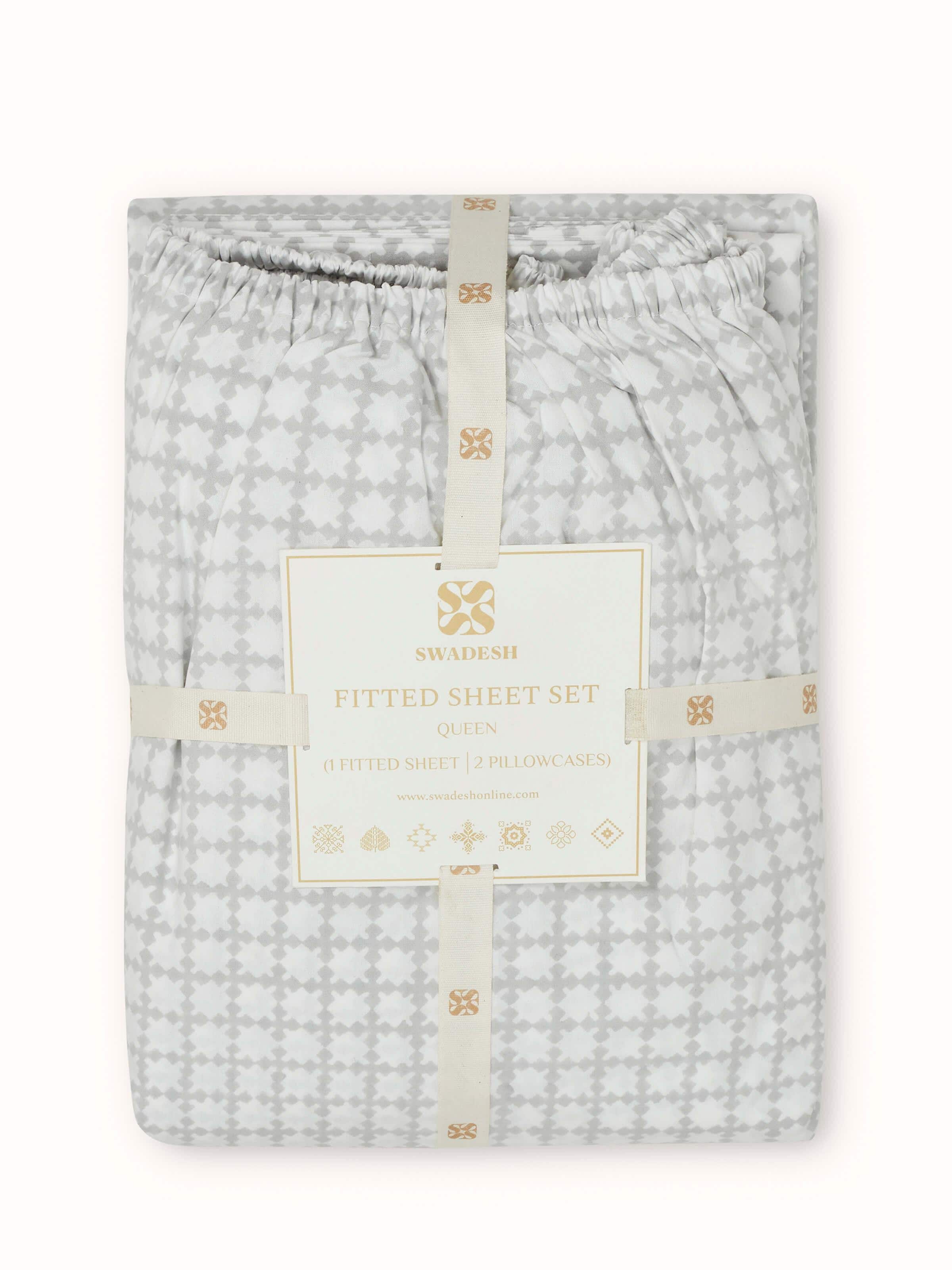 Detailed close-up of Pratidin grey grid cotton Sanganeri block printed queen fitted bedsheet set focusing on the grid pattern and cotton weave.