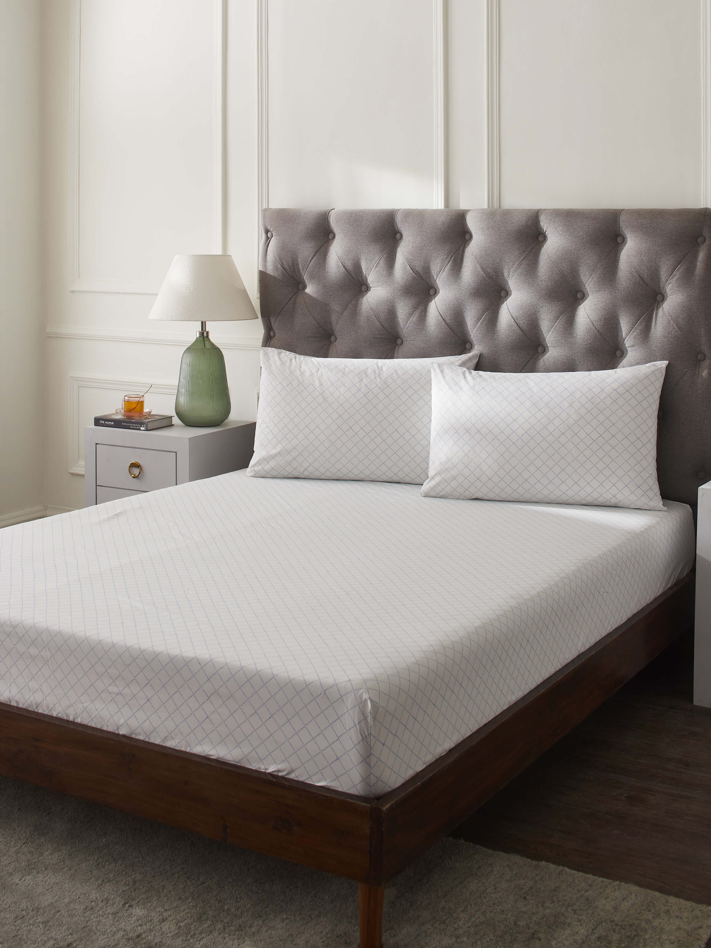 Close-up of Pratidin Light Blue Diamond Cotton Sanganeri Block Printed King Fitted Bedsheet Set, highlighting the detailed diamond print.