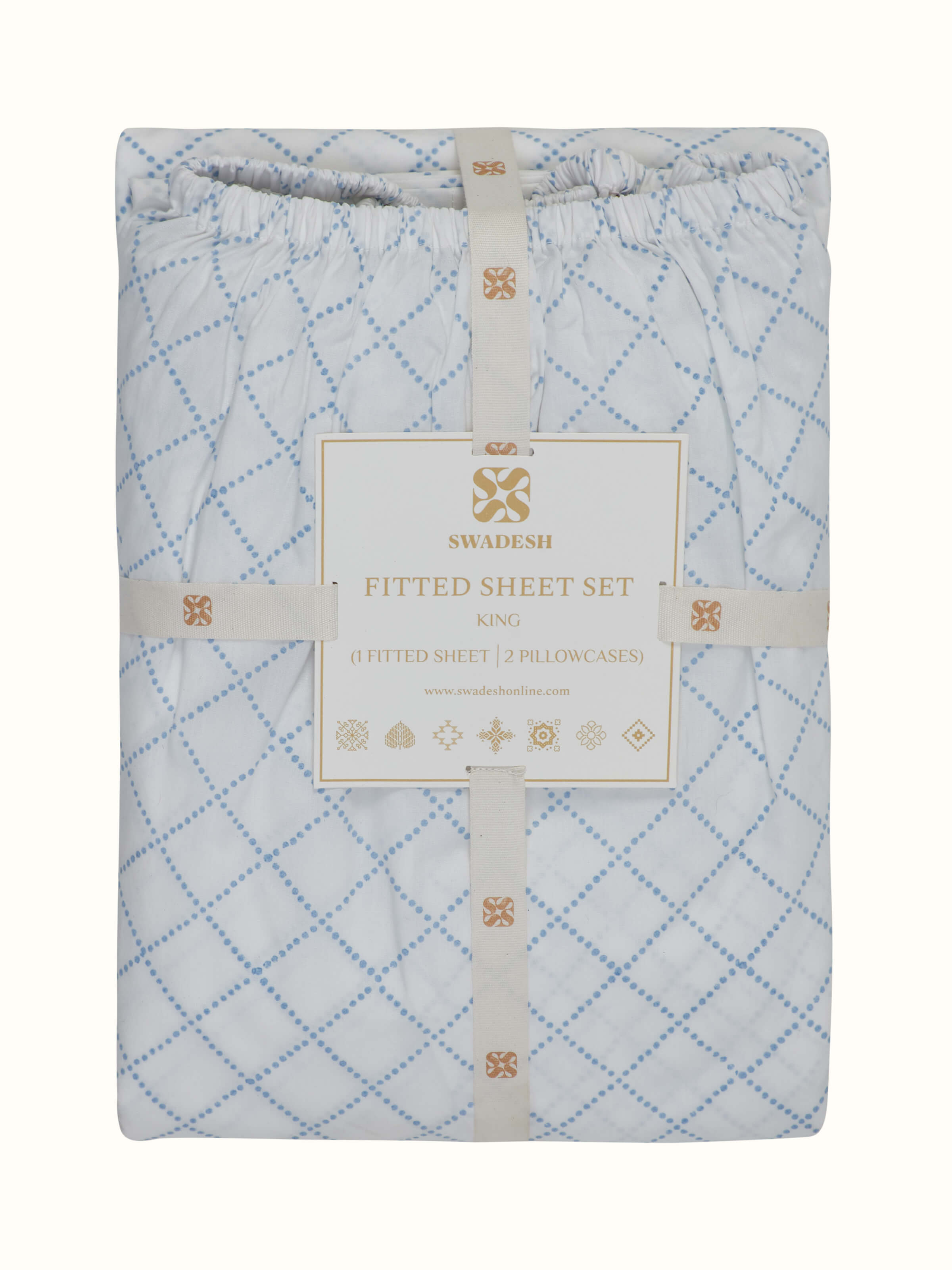 Angled view of Pratidin Light Blue Diamond Cotton Sanganeri Block Printed King Fitted Bedsheet Set, showcasing the overall pattern and color.