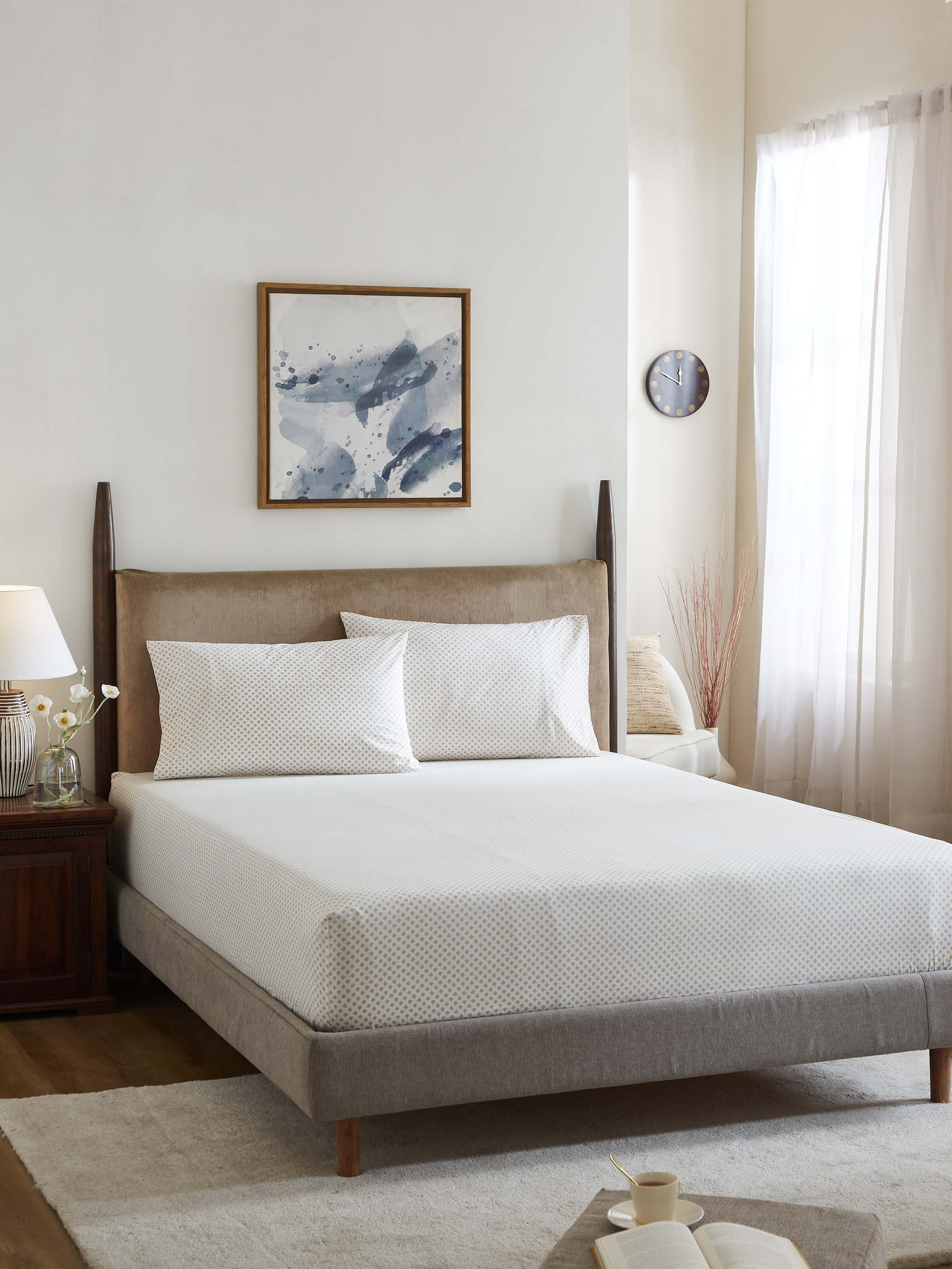 Front view of Pratidin beige scallop cotton Sanganeri block printed queen fitted bedsheet set highlighting its elegant design and texture.