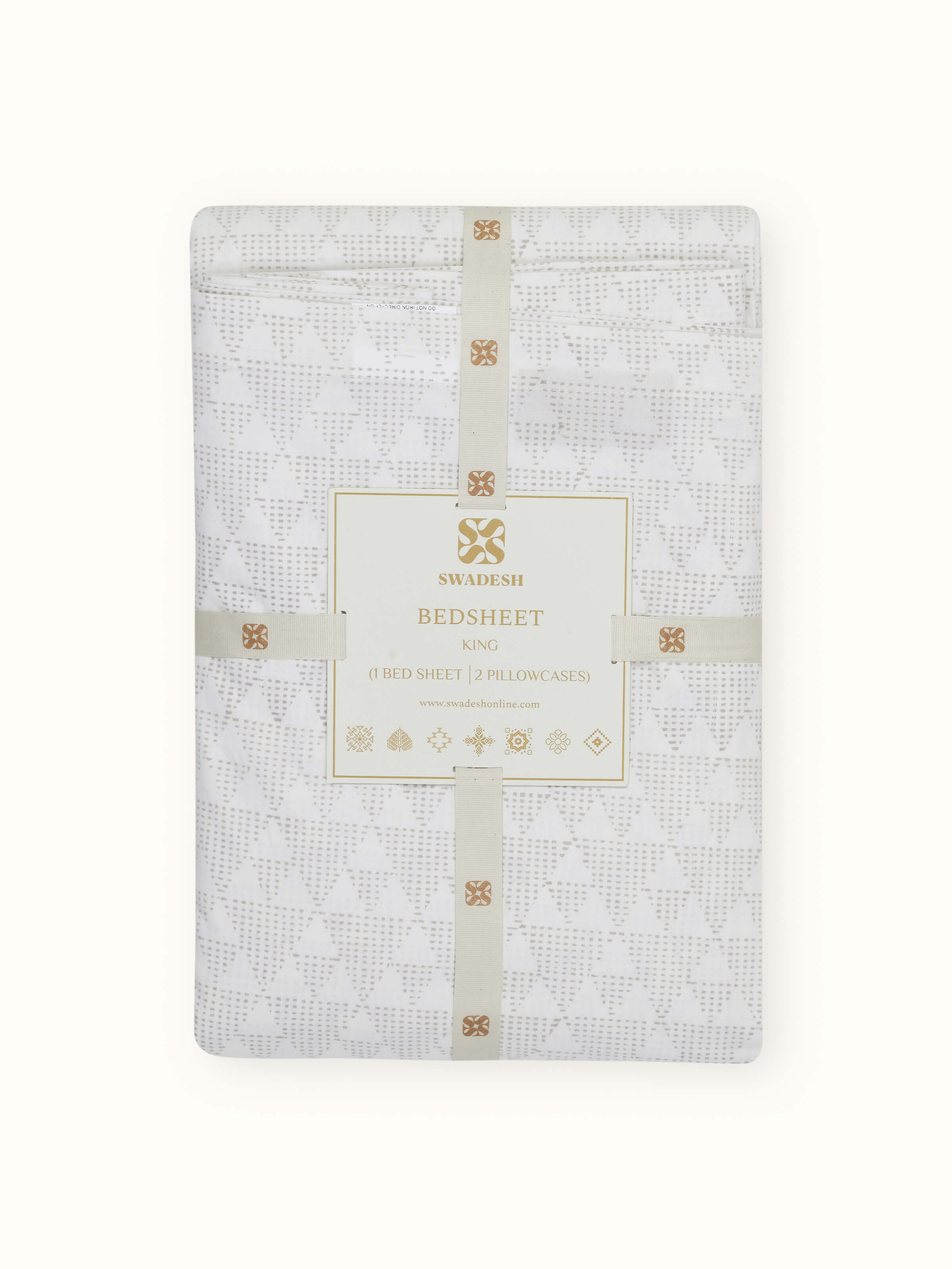 Perspective view of Pratidin beige geometric cotton Sanganeri block printed king bedsheet set (3 pcs) demonstrating the overall design and print.