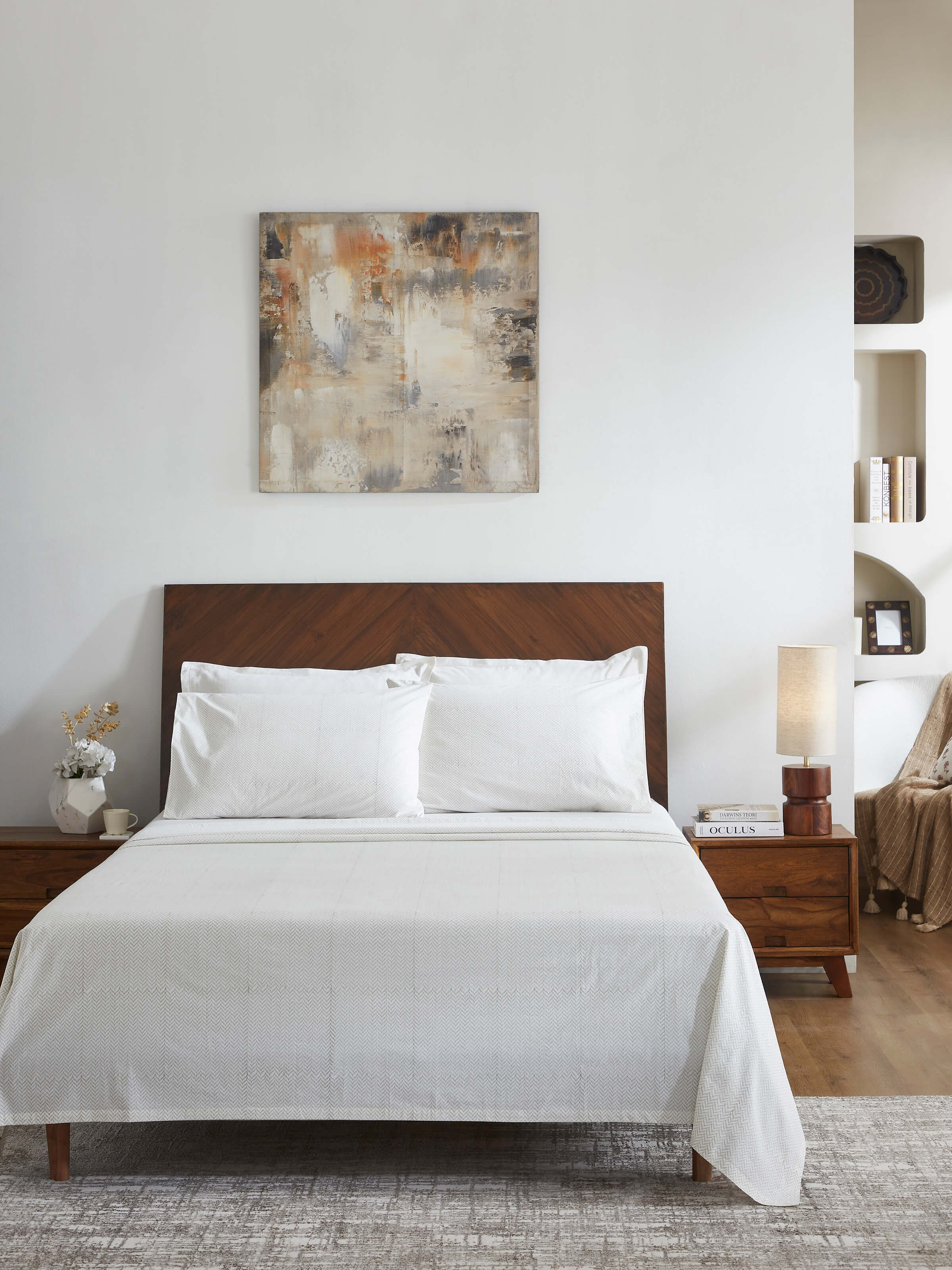 Side view of Pratidin Beige Chevron Cotton Sanganeri Block Printed King Bedsheet Set (3 pcs) showing detailed block print