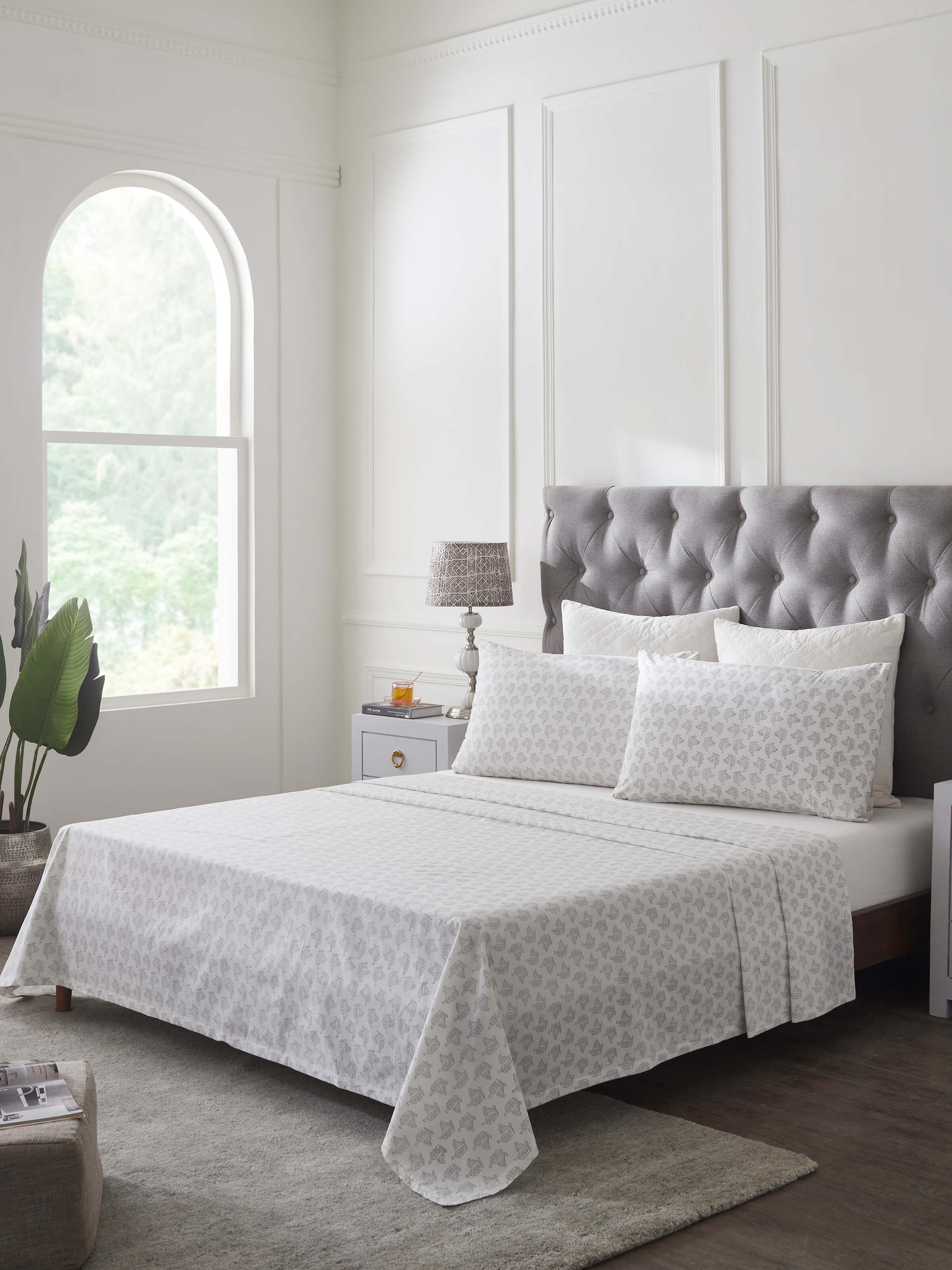 Close-up of Pratidin Grey Floral Sprig Cotton Sanganeri Block Printed King Bedsheet, highlighting the delicate block print details and soft cotton fabric.