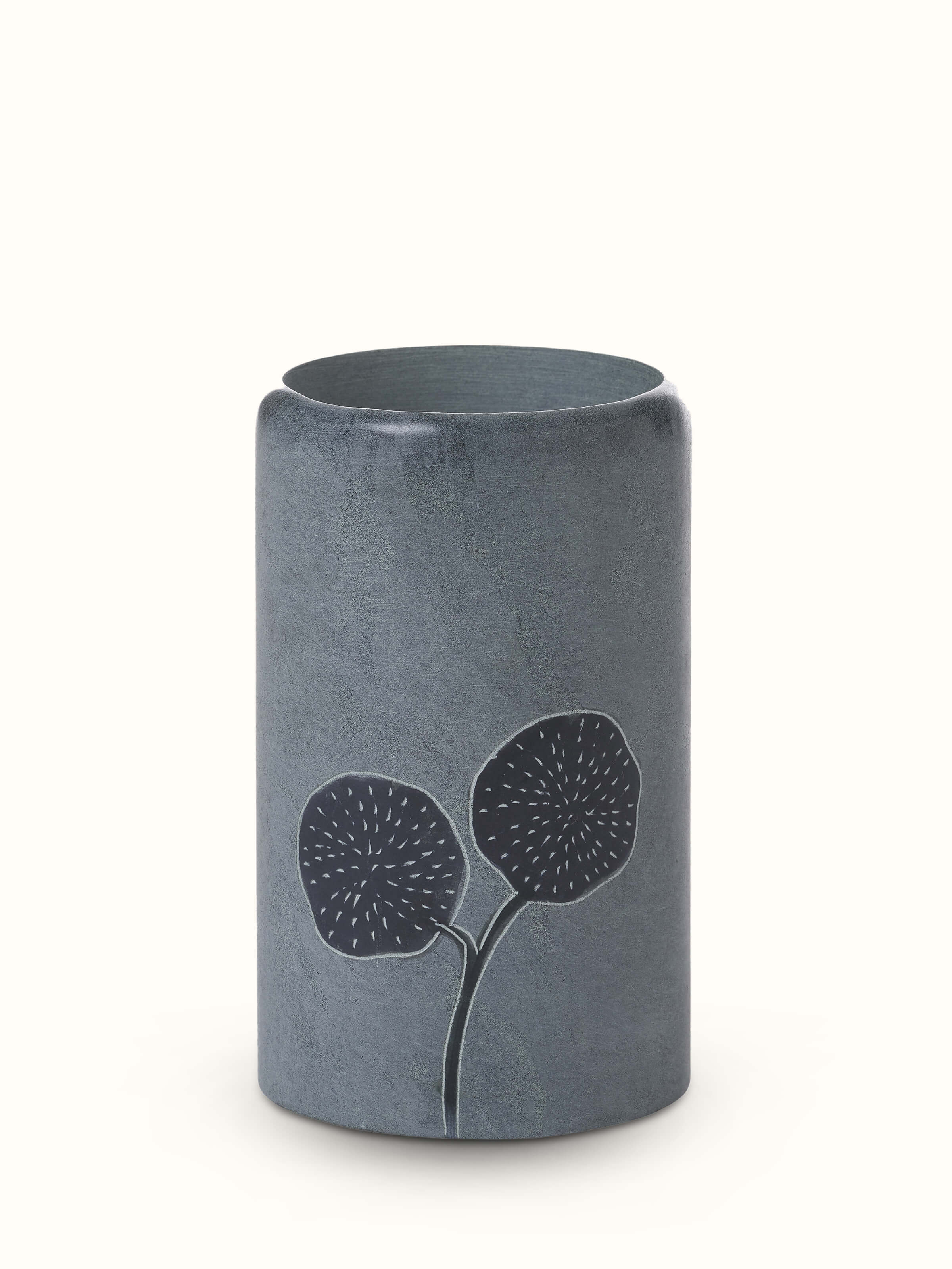 Front view of Carved stone toothbrush holder with intricate details