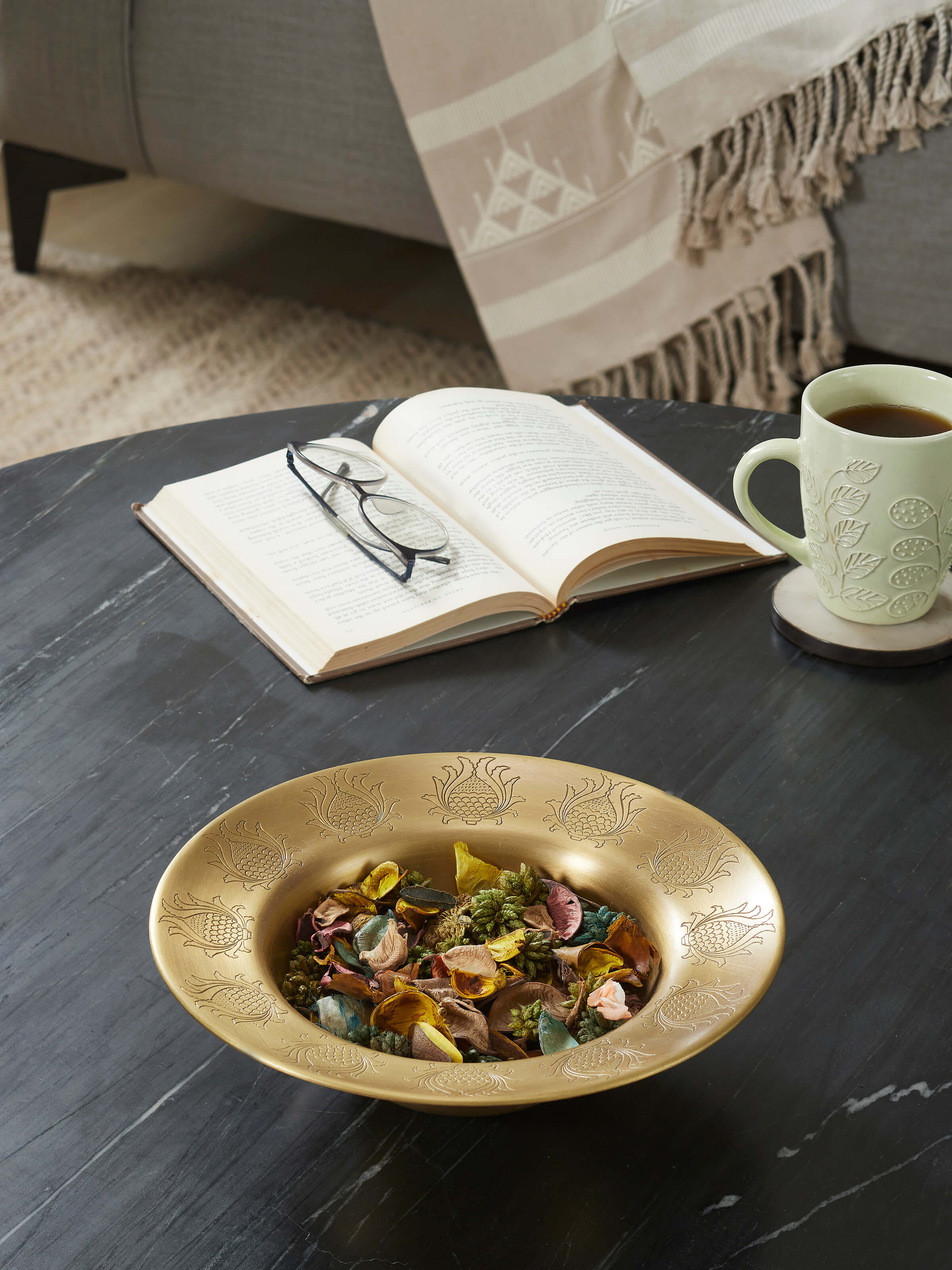 Side view of Brass potpourri bowl golden color