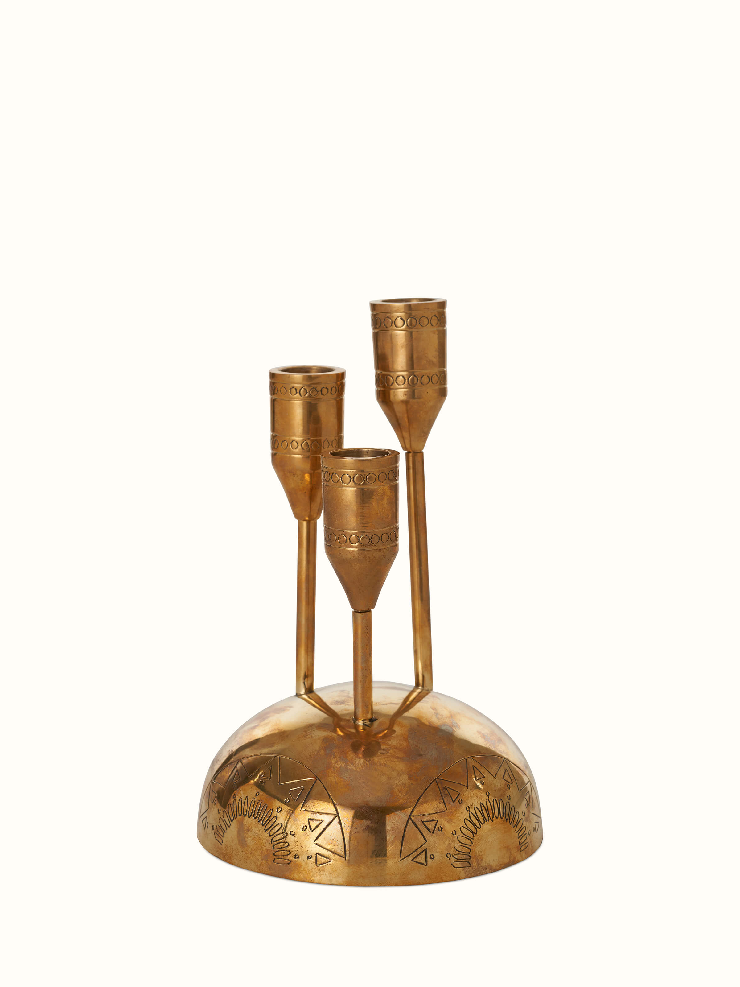Front view of Brass candle holder in golden color showcasing elegant design and shiny finish.