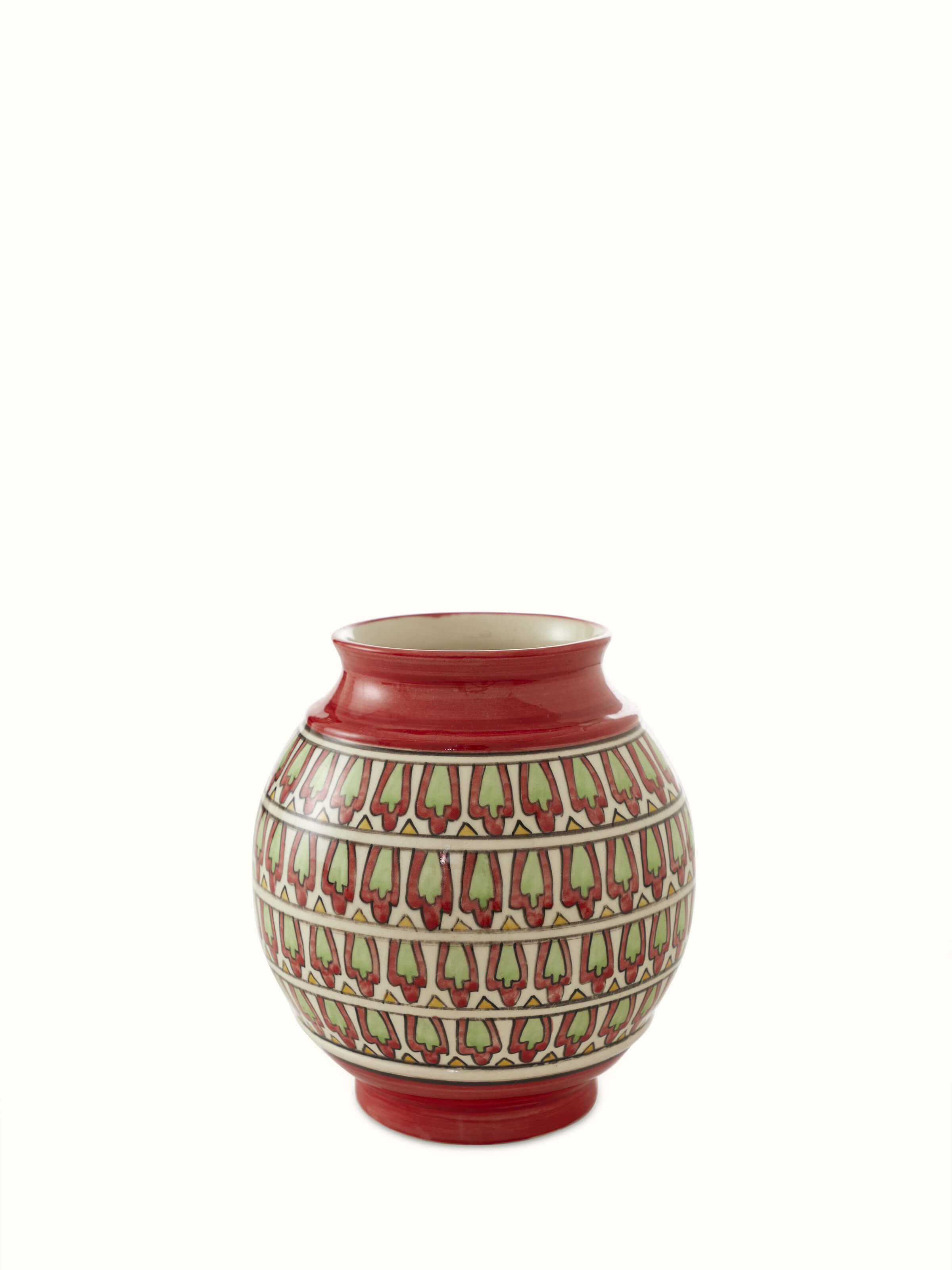 Front view of Khurja pottery ceramic table vase with intricate patterns and vibrant colors.