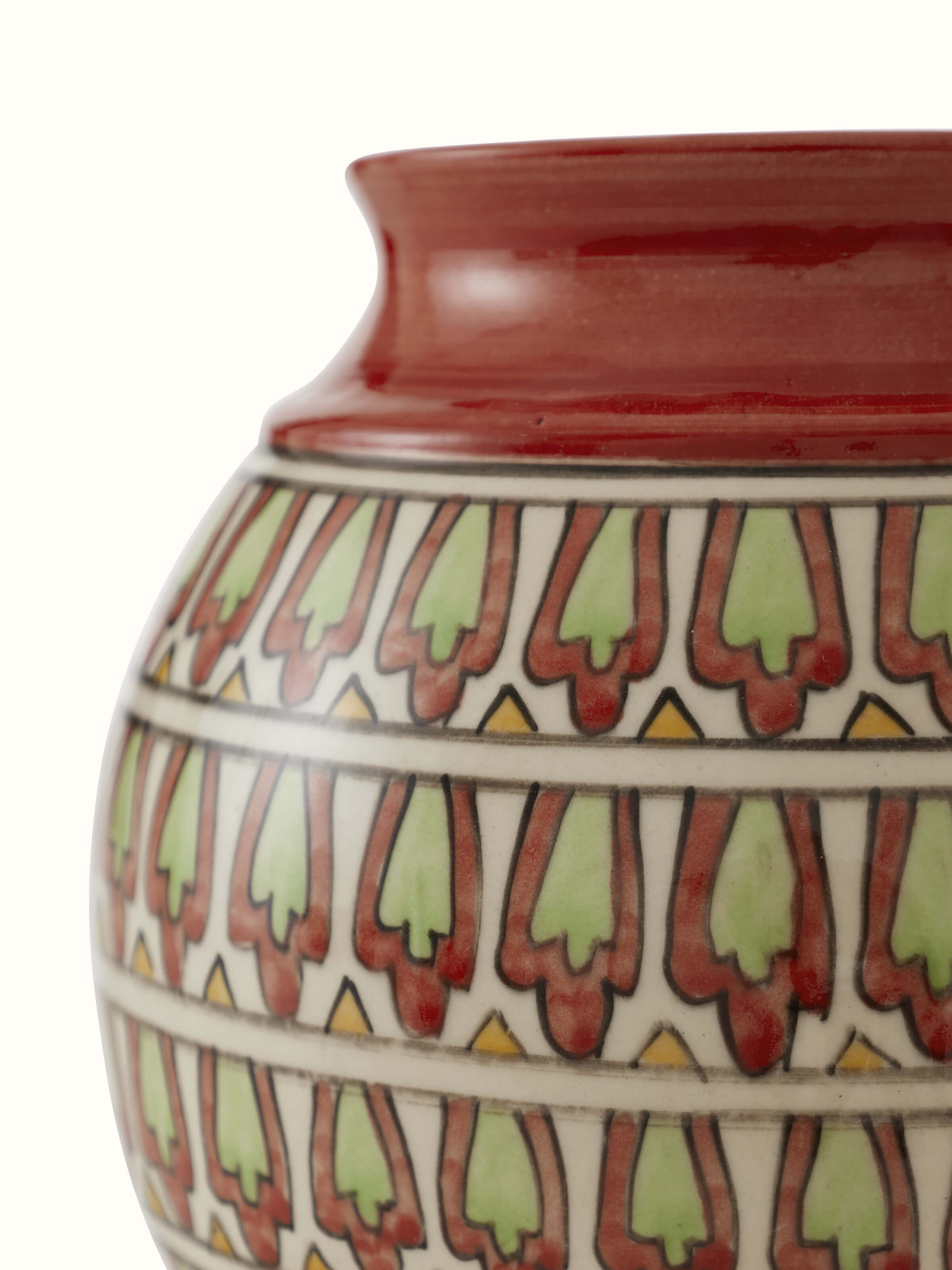 Angle view of Khurja pottery ceramic table vase showing its elegant shape and craftsmanship.